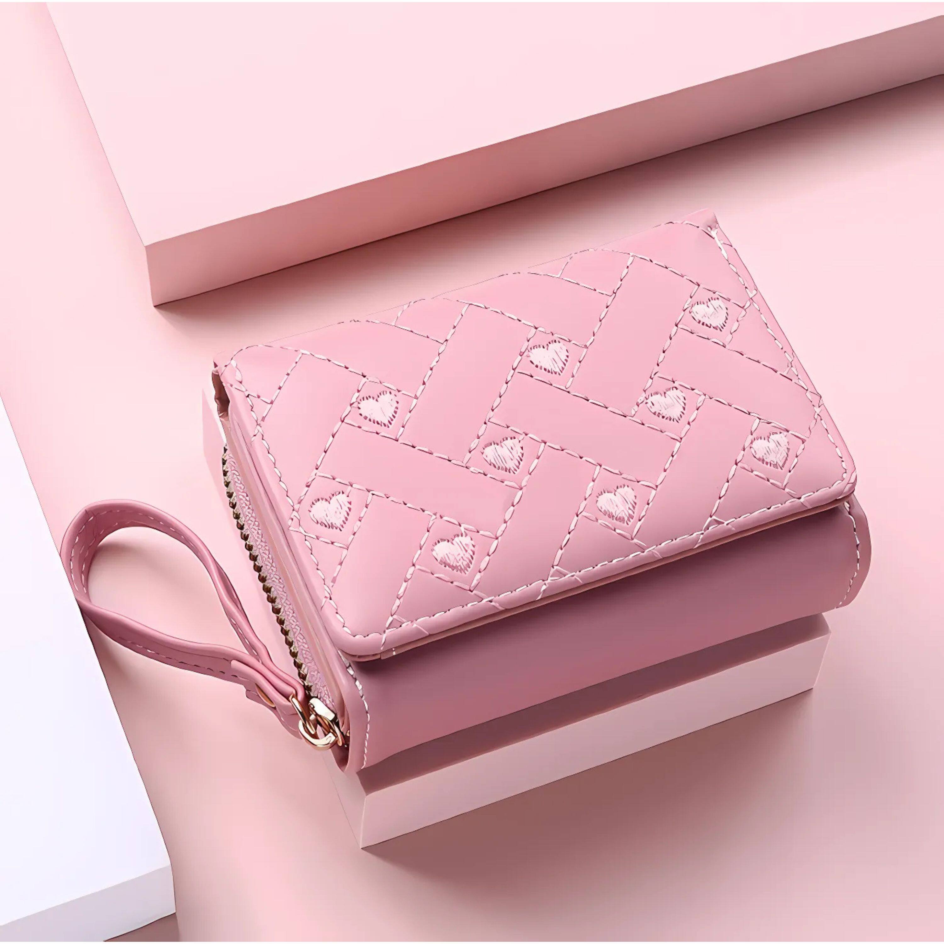 Angle. Kitcheniva - Women's Heart Embroidered Wallet Pink - Pink.
