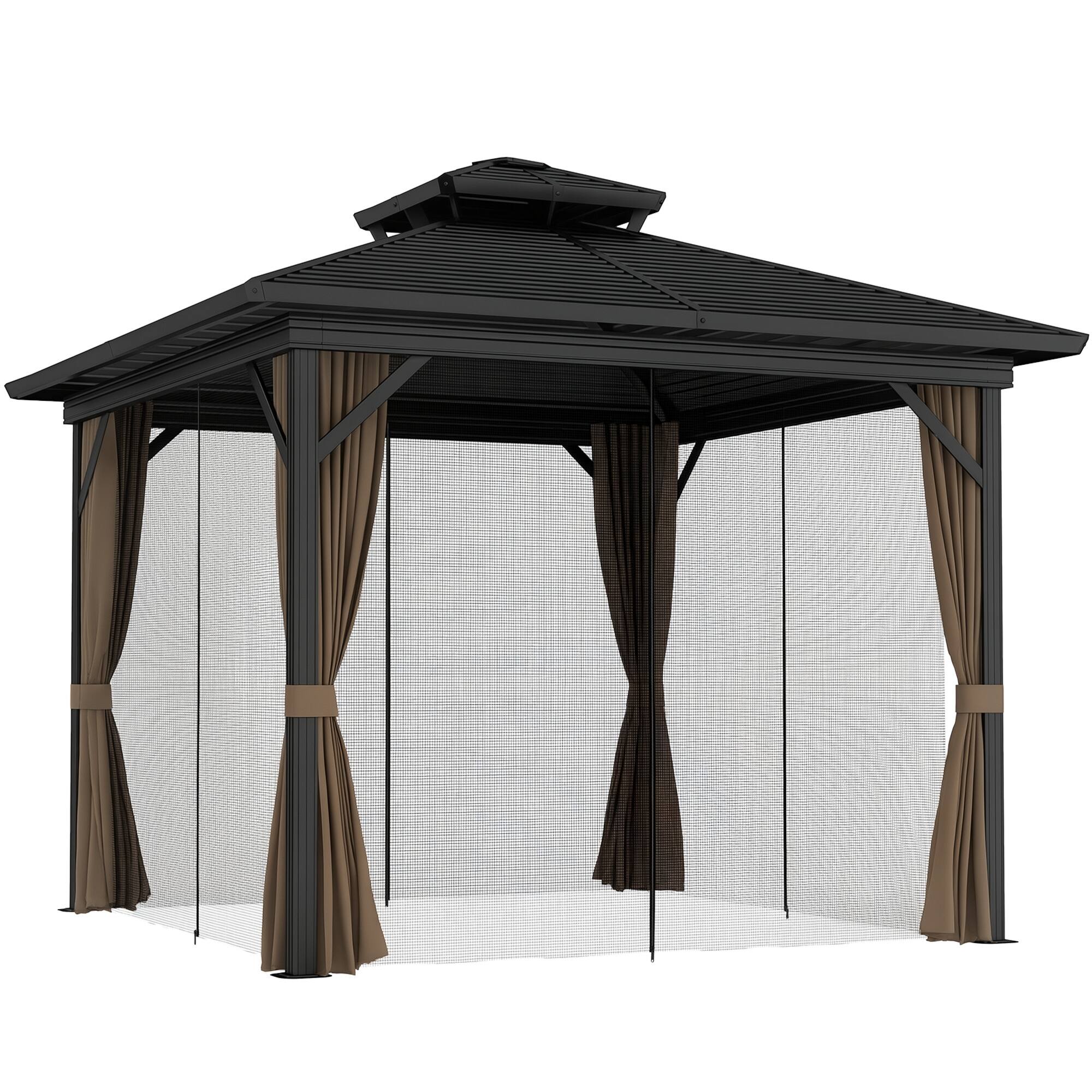 Front. Outsunny - x 10' Hardtop Gazebo with Aluminum Frame, Metal Roof Gazebo Canopy w/ Hook, Curtains included - Brown.