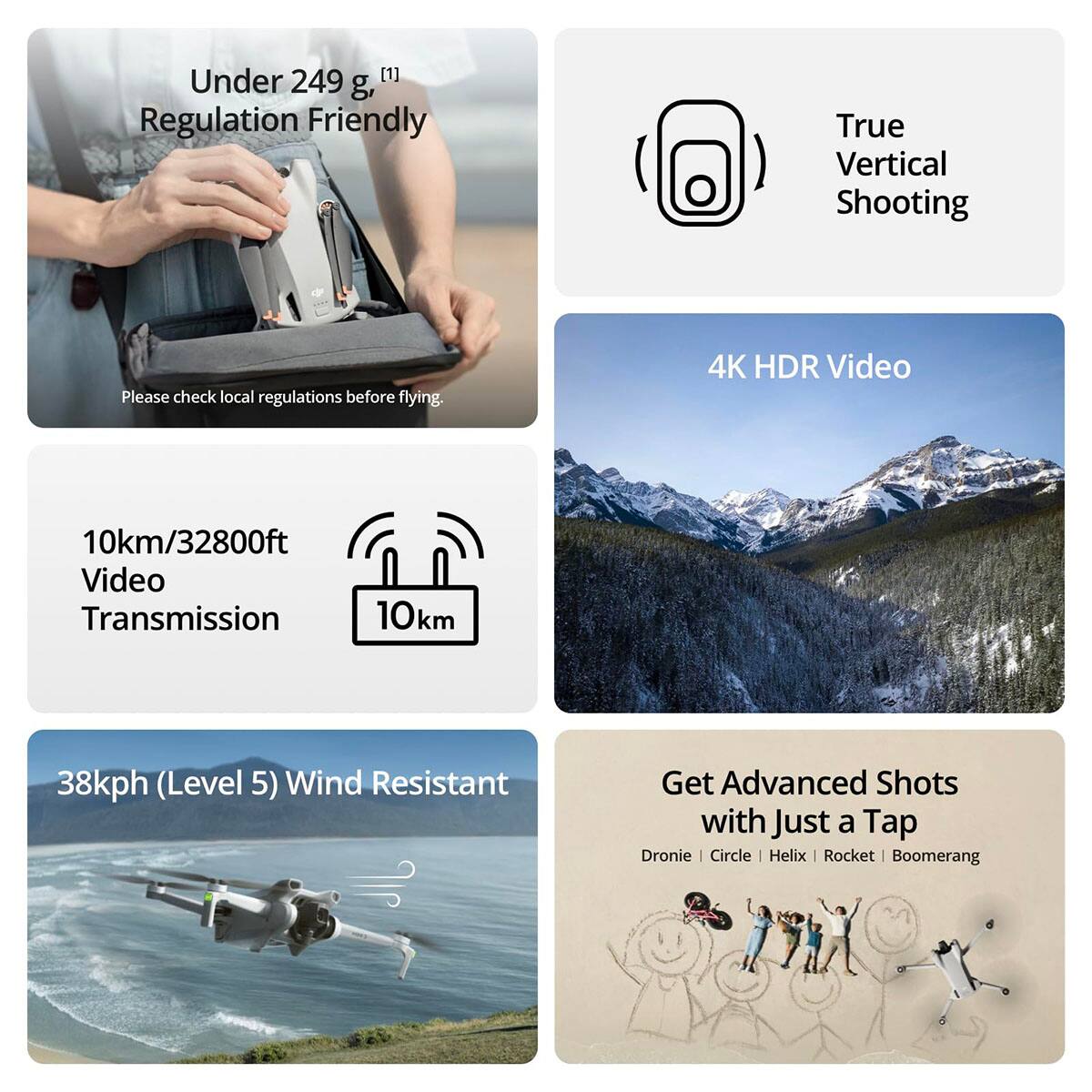 Under 249 g, Regulation Friendly  
Please check local regulations before flying.  

True Vertical Shooting  

4K HDR Video  
10km/32800ft Video Transmission  
10km  

38kph (Level 5) Wind Resistant  

Get Advanced Shots with Just a Tap  
Dronie | Circle | Helix | Rocket | Boomerang