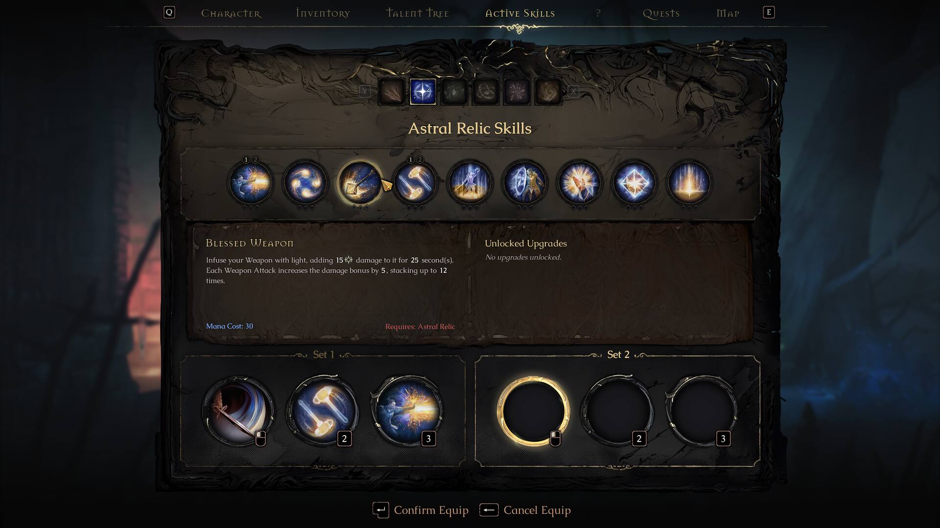 Astral Relic Skills:

1. Blessed Weapon: Infuse your Weapon with light, adding 15 damage to it for 25 seconds. Each Weapon Attack increases the damage bonus by 5, stacking up to 12 times.
Unlocked Upgrades: No upgrades unlocked.
Mana Cost: 30
Requires: Astral Relic Set 1

2. Set 2:
3. Set 3:
4. Set 4:
5. Set 5:
6. Set 6:
7. Set 7:
8. Set 8:
9. Set 9:
10. Set 10: