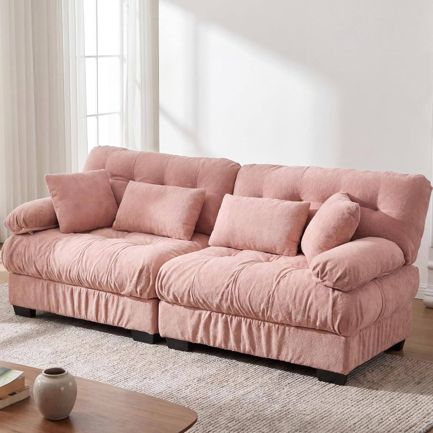 Alt View 2. Trinkets Crazed - 88" Boucle Sectional Loveseat Sofa, Comfy Modular Convertible Couch Sofa Set w/Pillows - Pink.