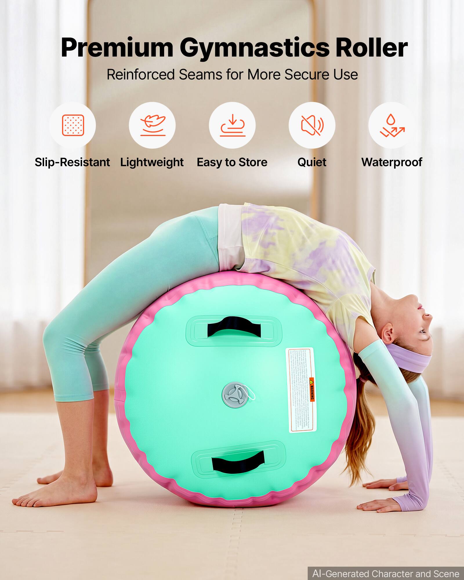 Premium Gymnastics Roller  
Reinforced Seams for More Secure Use  

Slip-Resistant  
Lightweight  
Easy to Store  
Quiet  
Waterproof  

AI-Generated Character and Scene