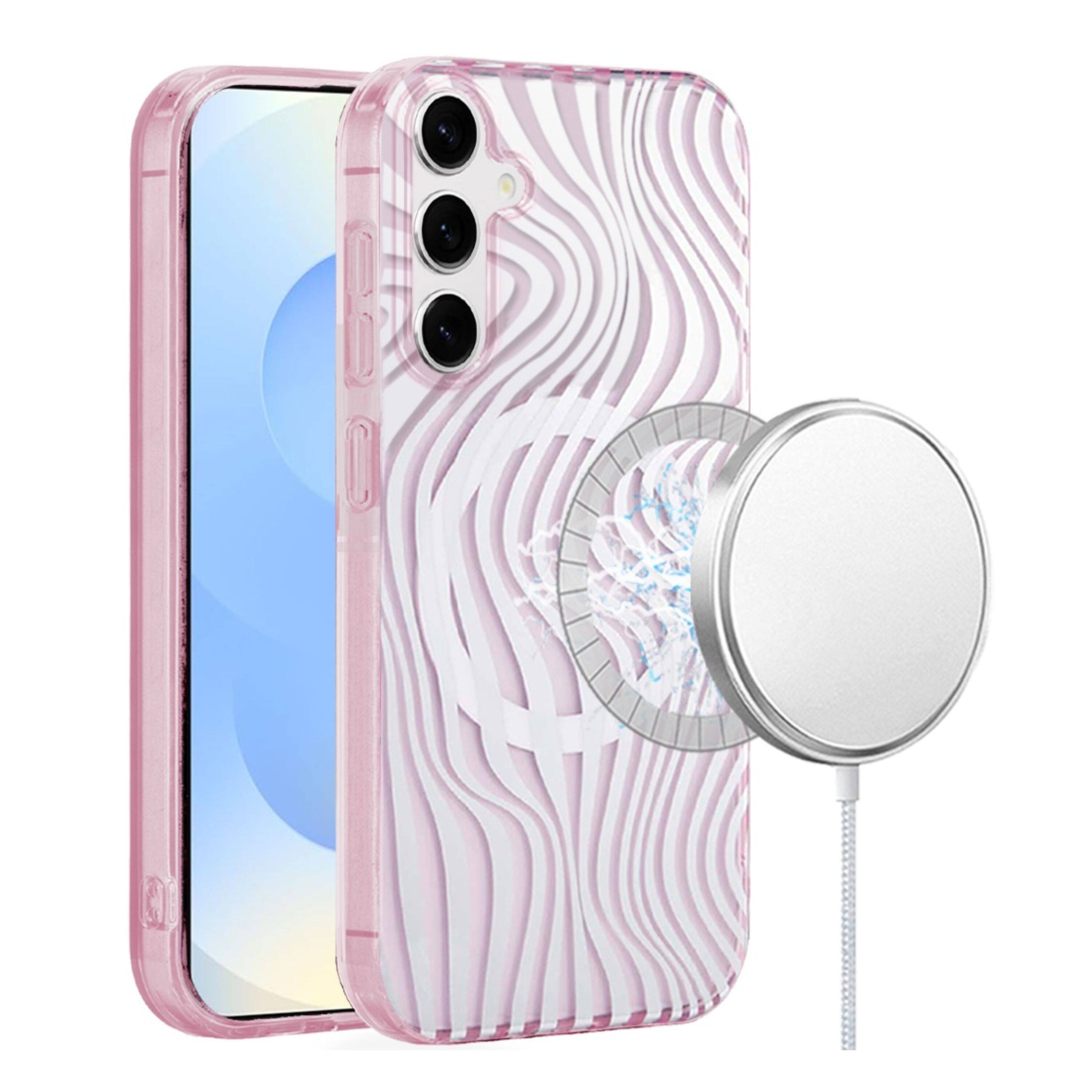 Angle. Kitcheniva - Dual Layer TPU Design Case With Magnetic Circle Tempered Glass For Samsung Galaxy S25+/S24+ Wave Pink Zebra Stripes - Pink.