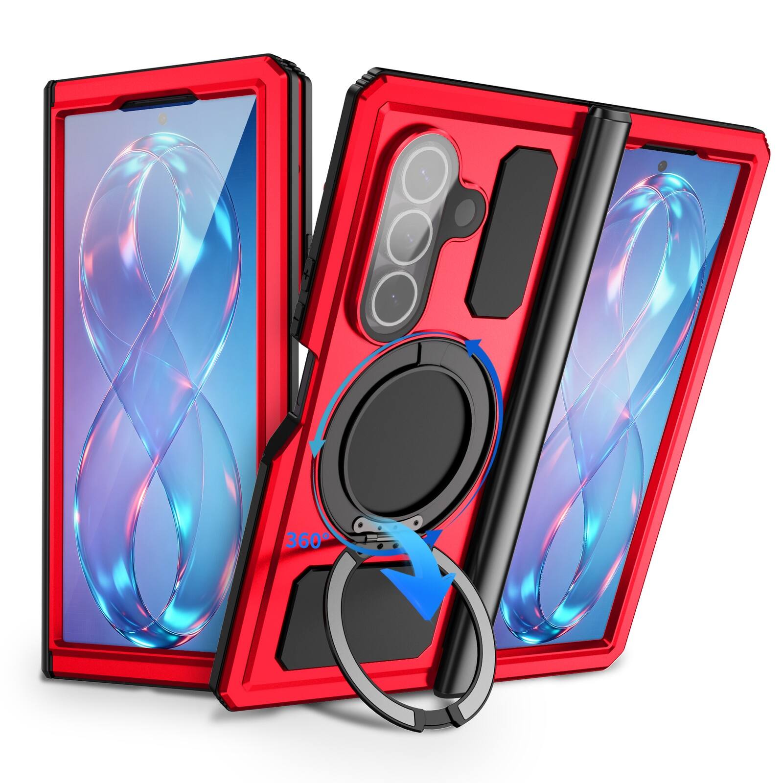 Front. Dteck - for Galaxy Z Fold 8 Ultra Case / Z Fold 7 Case, Hinge Coverage with Glass Screen Protector, Built-in Magnetic Stand - Red.