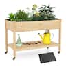 Costway - 1 PCS Wooden Raised Garden Bed with Legs, Lockable Wheels, Liner, Storage Shelf Drainage - Natural