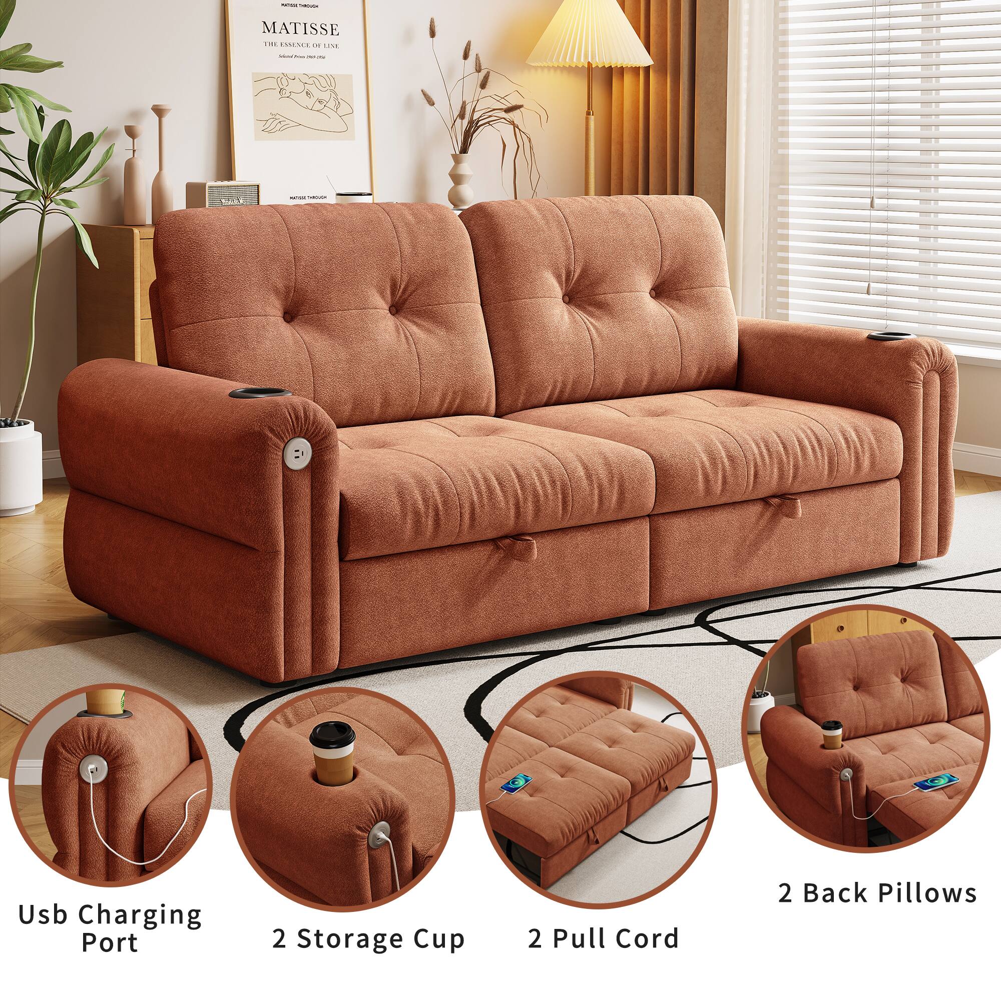 - MATISSE
- Usb Charging Port
- 2 Storage Cup
- 2 Pull Cord
- 2 Back Pillows