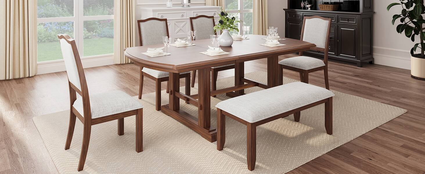 Alt View 1. APRILSOUL - 6-Piece Dining Table Set 60inch to 78inch Extendable Table with Removable Leaf 4 Upholstered Side Chair and Bench Cherry - Cherry.