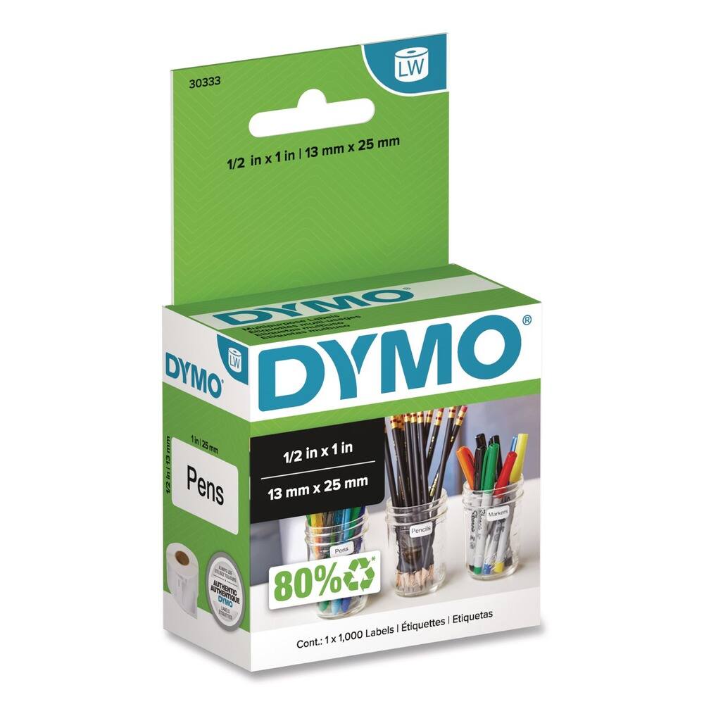 30333 LW  
1/2 in x 1 in | 13 mm x 25 mm  

DYMO  
Pens  
1/2 in x 1 in | 13 mm x 25 mm  

80% Recycled  
Cont.: 1 x 1,000 Labels | Etiquetas | Etiquetas