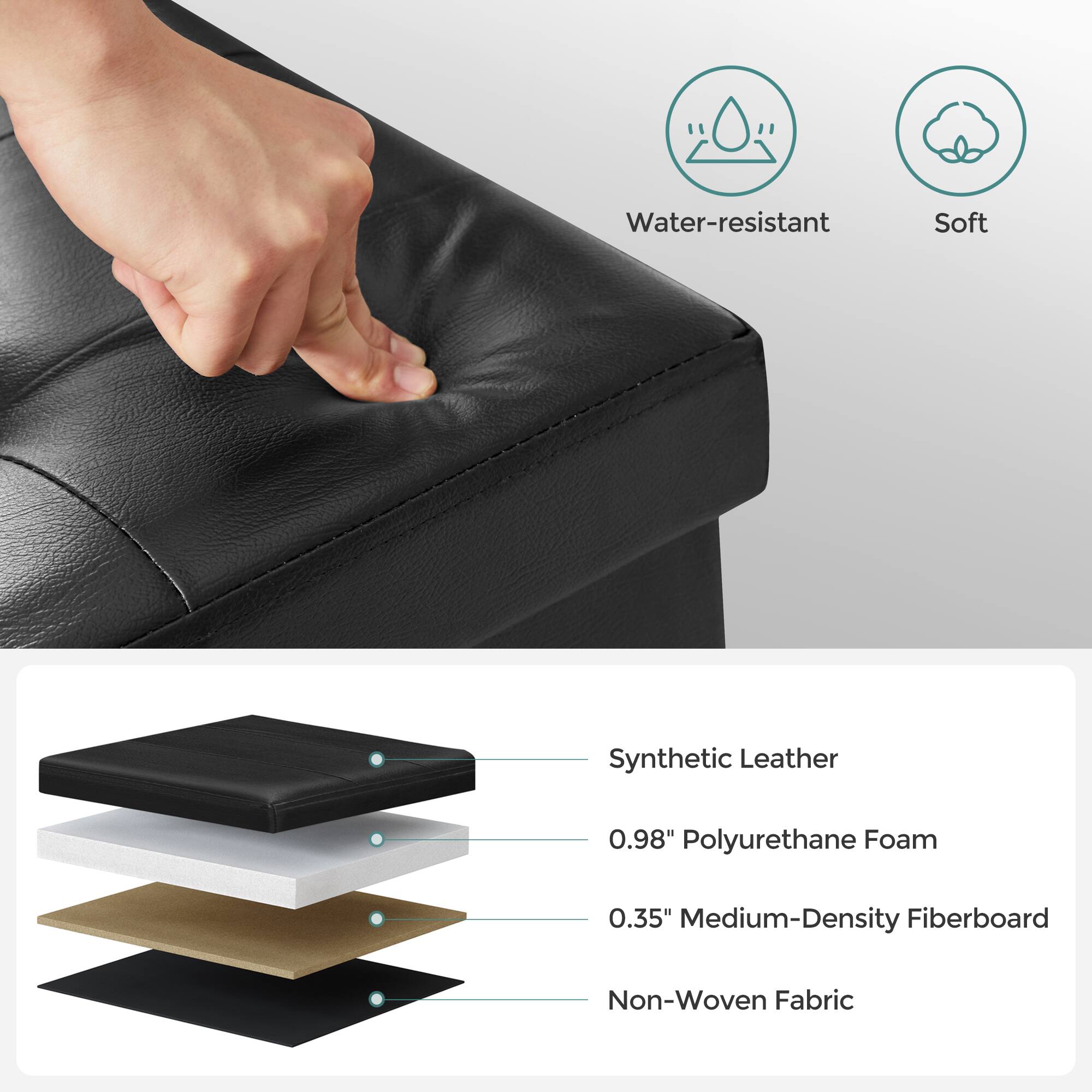 Water-resistant Soft Synthetic Leather  
0.98" Polyurethane Foam  
0.35" Medium-Density Fiberboard  
Non-Woven Fabric