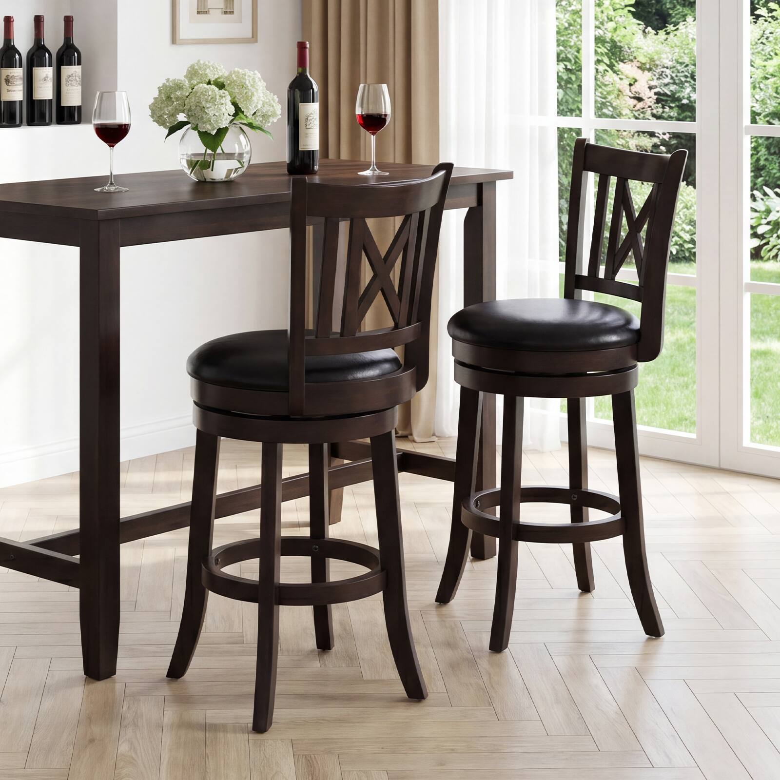 Alt View 4. Gymax - Gymax Set of 4 Bar Stools 26'' Swivel Bar Chairs w/ Footrest Hollowed Backrest - Brown.