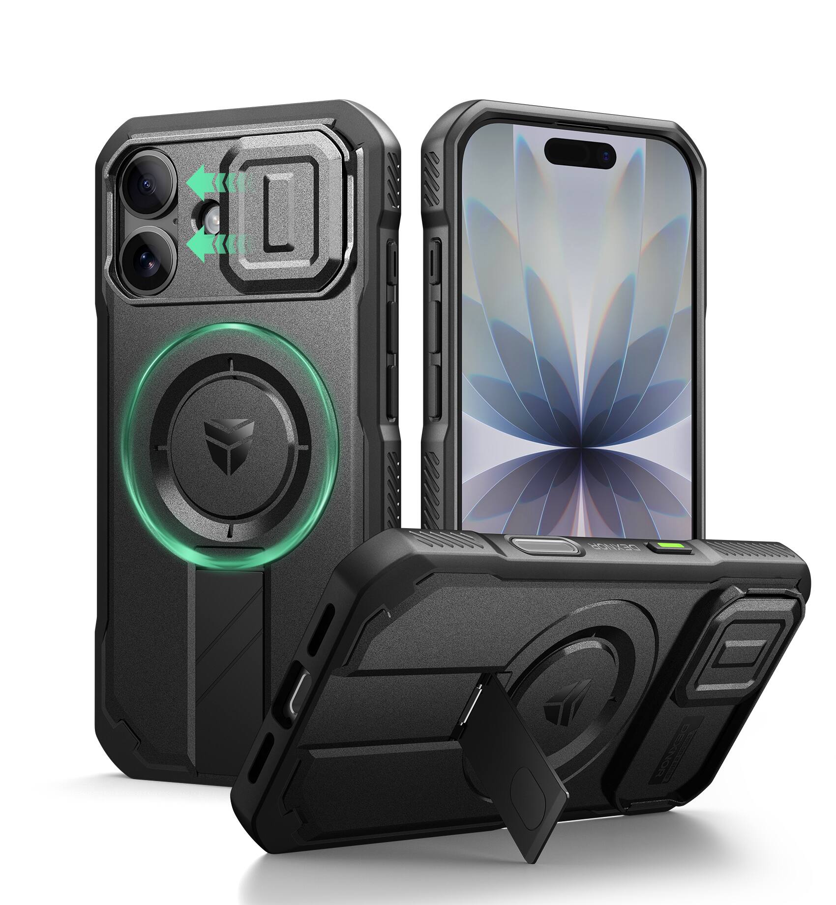Angle. Dexnor - Rugged Hard Shell Case for iPhone 17 6.3-inch with Slide Camera Cover & Kickstand , Compatible with MagSafe - Black.