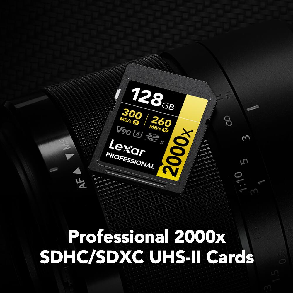 128 GB  
300 MB/s R  
260 MB/s W  
V90  
Lexar Professional 2000x  
SDHC/SDXC UHS-II Cards  

Professional 2000x SDHC/SDXC UHS-II Cards