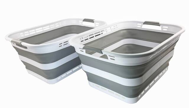 Front. JETRANSPORT - 42l (11 Galloons) Collapsible Plastic Laundry Basket - Foldable Pop Up Storage Container/organizer Portable - White/Grey (Set of 2).