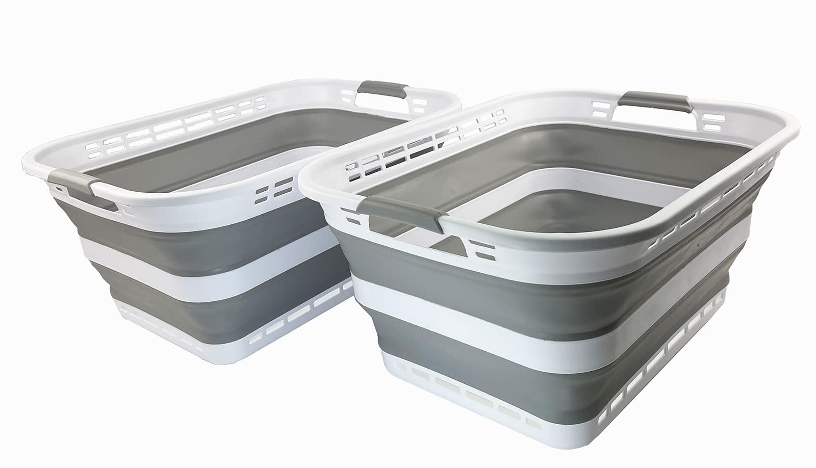 Front. JETRANSPORT - 42l (11 Galloons) Collapsible Plastic Laundry Basket - Foldable Pop Up Storage Container/organizer Portable - White/Grey (Set of 2).