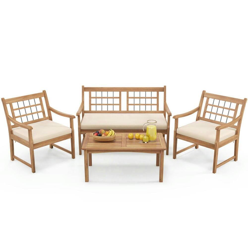 Alt View 6. Pefilos - 4 Piece Acacia Wood Patio Furniture with Armchairs Loveseat and Coffee Table, Patio Conversation Set - White.