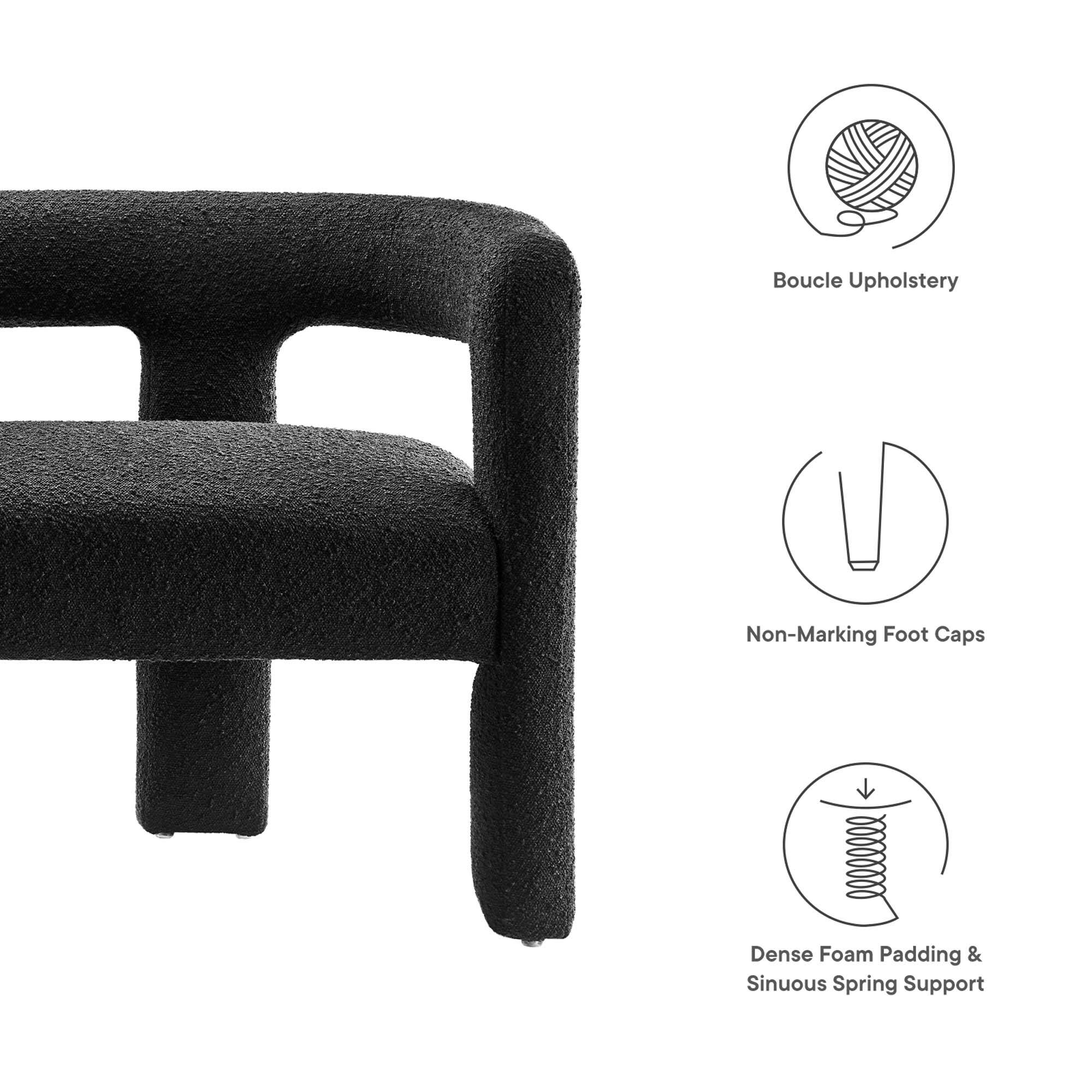 Boucle Upholstery  
Non-Marking Foot Caps  
Dense Foam Padding & Sinuous Spring Support