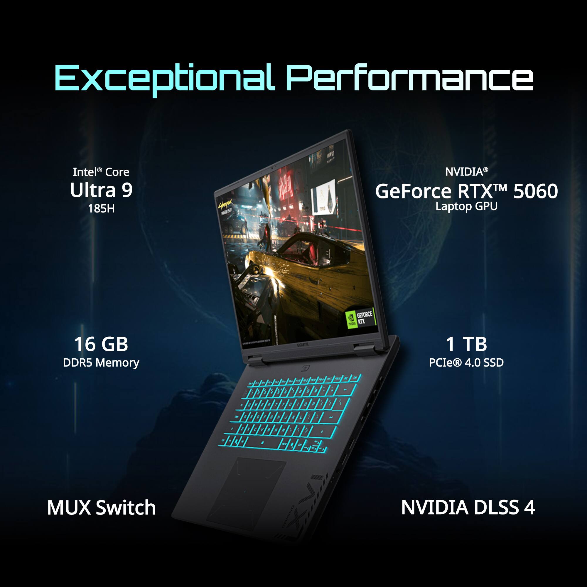 Exceptional Performance  
Intel® Core Ultra 9 185H  
NVIDIA® GeForce RTX™ 5060 Laptop GPU  
16 GB DDR5 Memory  
1 TB PCIe 4.0 SSD  
MUX Switch  
NVIDIA DLSS 4