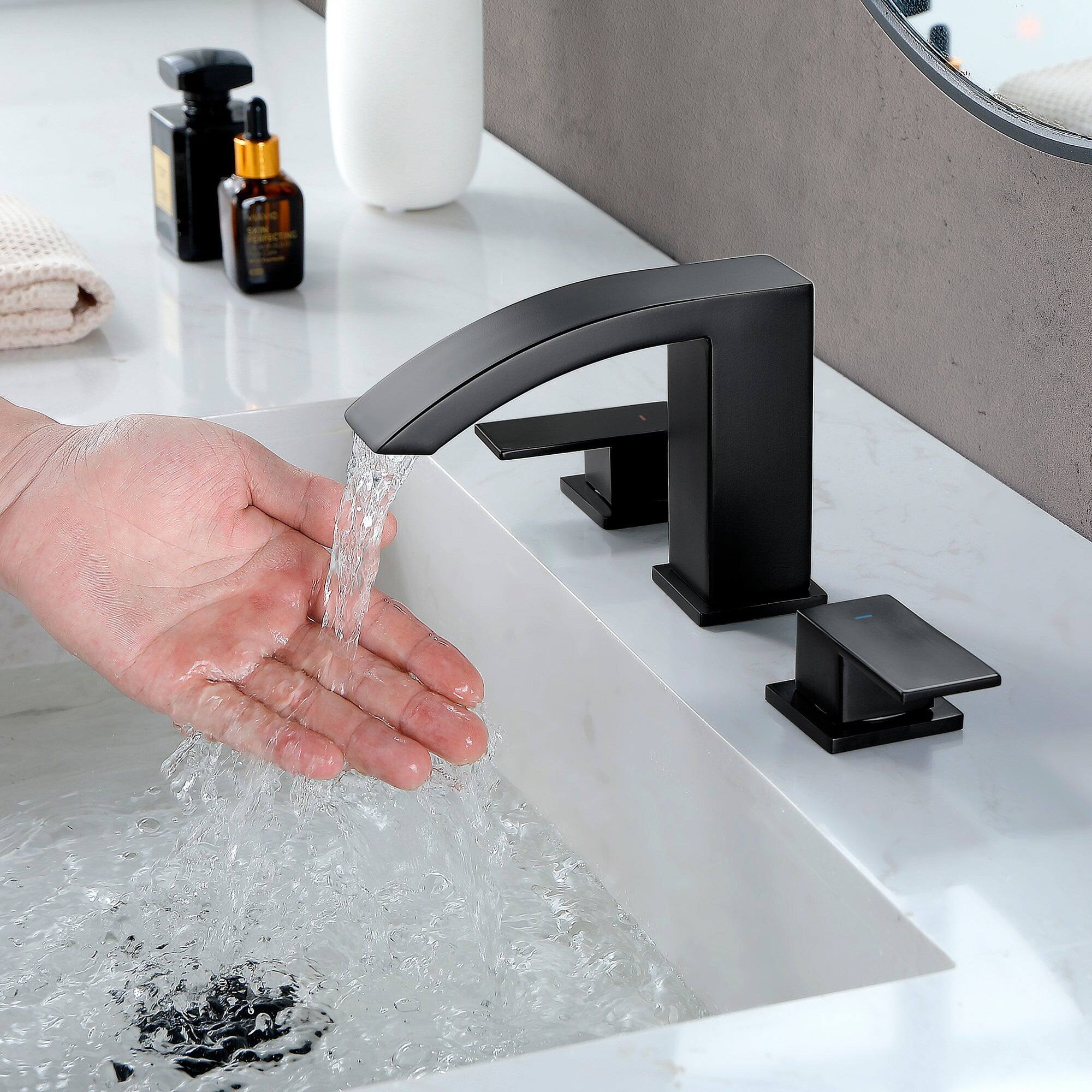 Left. Boyel Living - 8 in Widespread Double Handle 1.2 GPM Bathroom Faucet with Quick Connect Hose and Pop Up Drain in Matte Black - Matte Black.