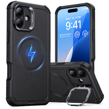 The image shows a cell phone with a case on it, and the time displayed on the screen is 9:41 PM. The case has a blue lightning bolt on it, and the phone is sitting on top of a charging station. The charging station has a camera guard on it, which is designed to protect the phone's camera from scratches and damage. The image also shows the weather conditions and air quality, with the moonrise time and a waxing gibbous moon phase visible.