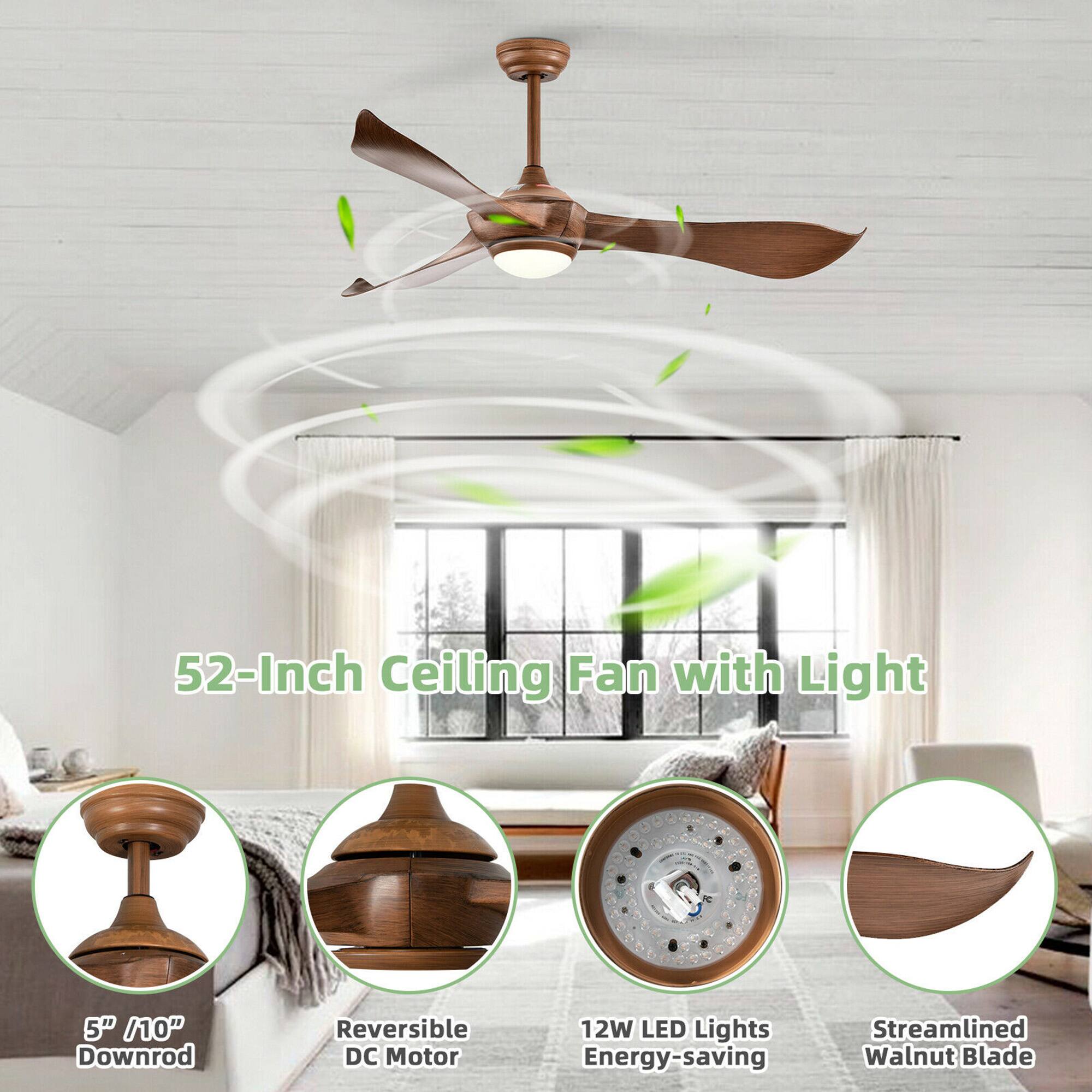 The image features a 52-inch ceiling fan with a light, which is designed to provide efficient cooling and illumination in a room. The fan is equipped with a reversible DC motor, which offers both forward and reverse functions for added convenience. The fan also has 12W LED lights that are energy-saving and provide a bright, streamlined appearance. The fan is mounted on a 5-inch downrod, which can be adjusted to the desired height. The fan's blades are made of walnut, adding a touch of elegance to the overall design. The image showcases the fan in various settings, including a bedroom and a living room, demonstrating its versatility and functionality in different spaces.