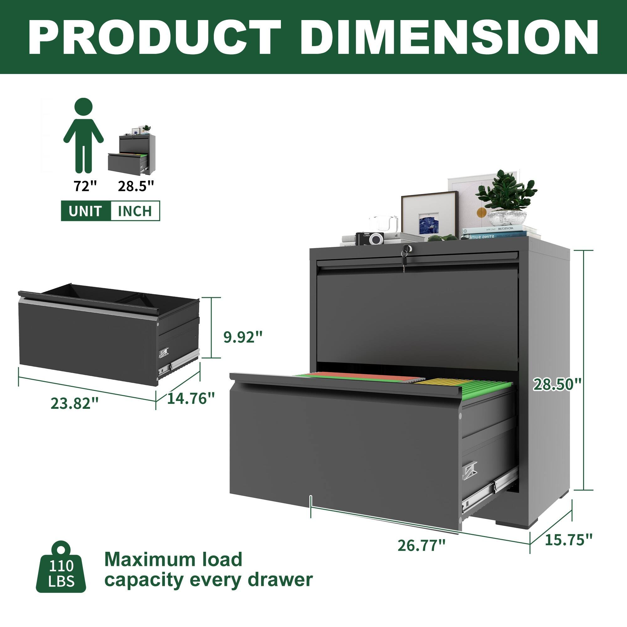 PRODUCT DIMENSION  
72" x 28.5"  
UNIT: INCH  

- 9.92" x 23.82" x 14.76"  
- 28.50" x 26.77" x 15.75"  

Maximum load capacity every drawer: 110 LBS