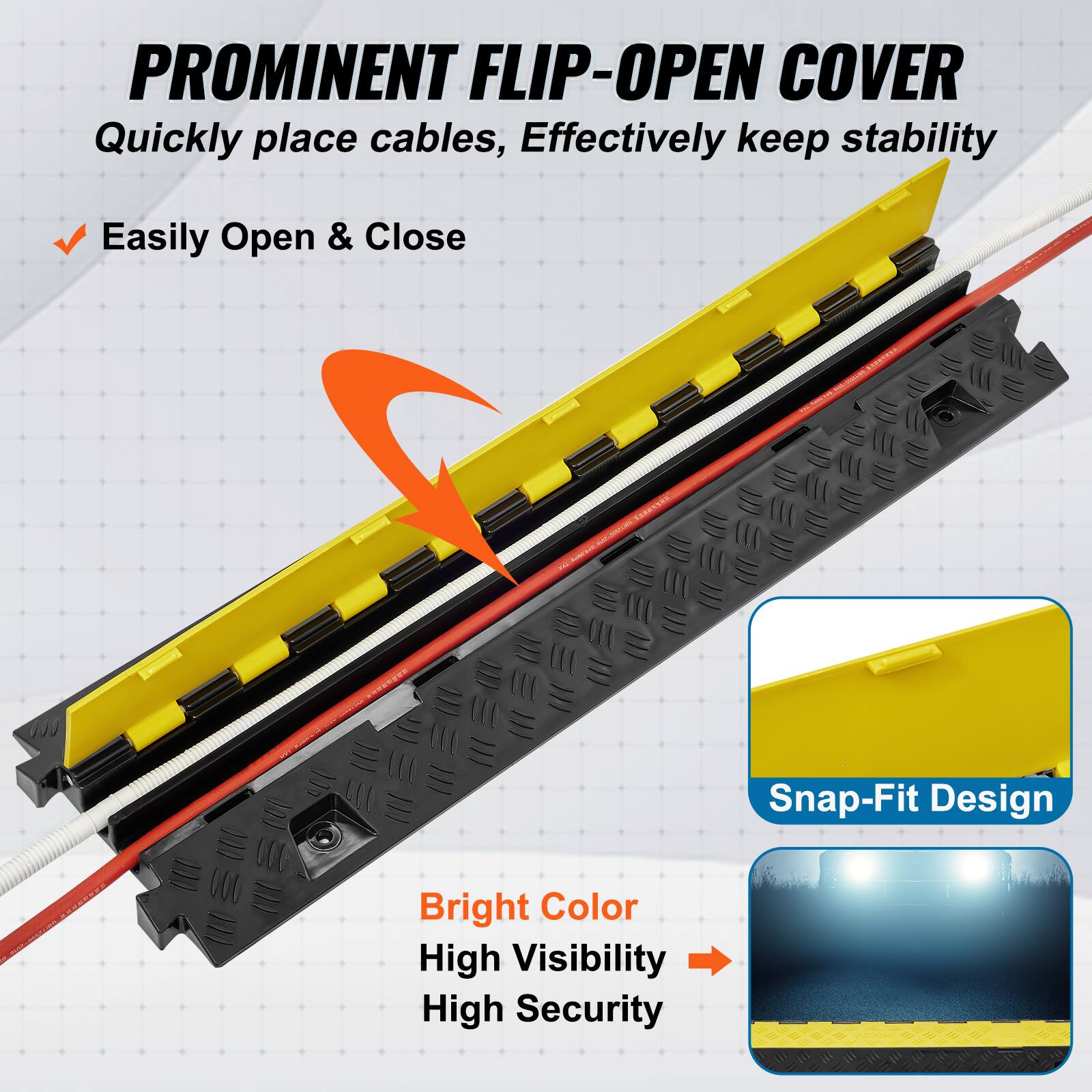 PROMINENT FLIP-OPEN COVER
Quickly place cables, Effectively keep stability
Easily Open & Close
Snap-Fit Design
Bright Color
High Visibility
High Security