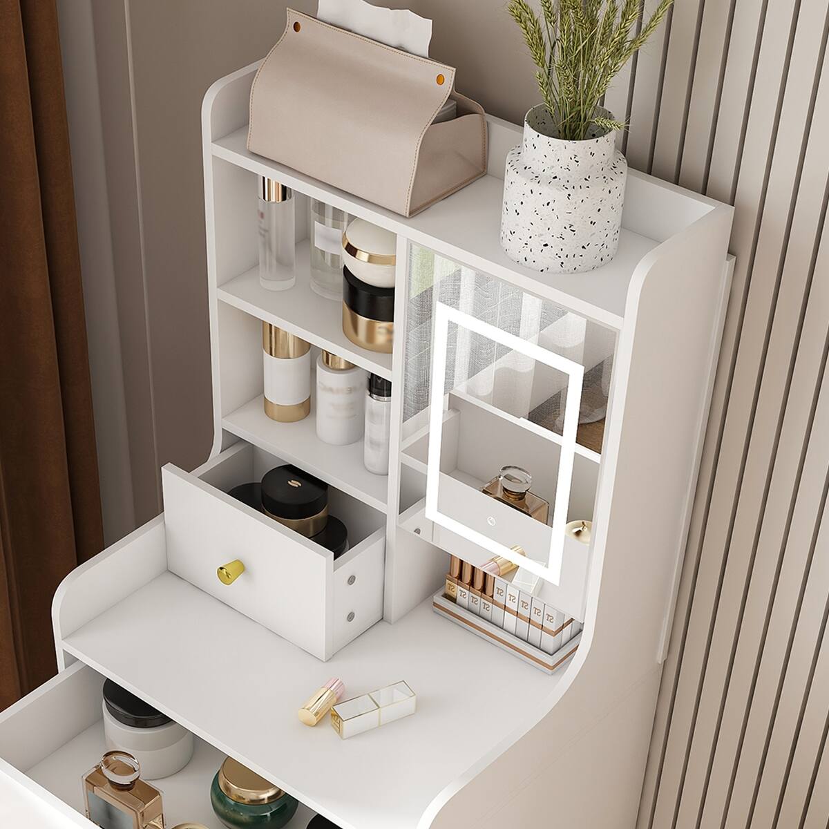 Loheer Makeup Vanity with LED Mirror and Storage Stool, MDF Bedroom ...