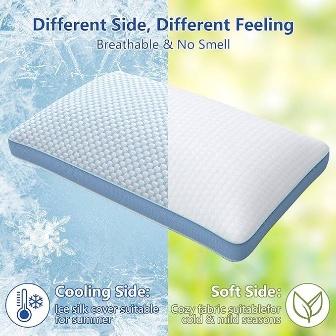 Different Side, Different Feeling: Breathable & No Smell

Cooling Side: Ice silk cover suitable for summer

Soft Side: Cozy fabric suitable for cold & mild seasons