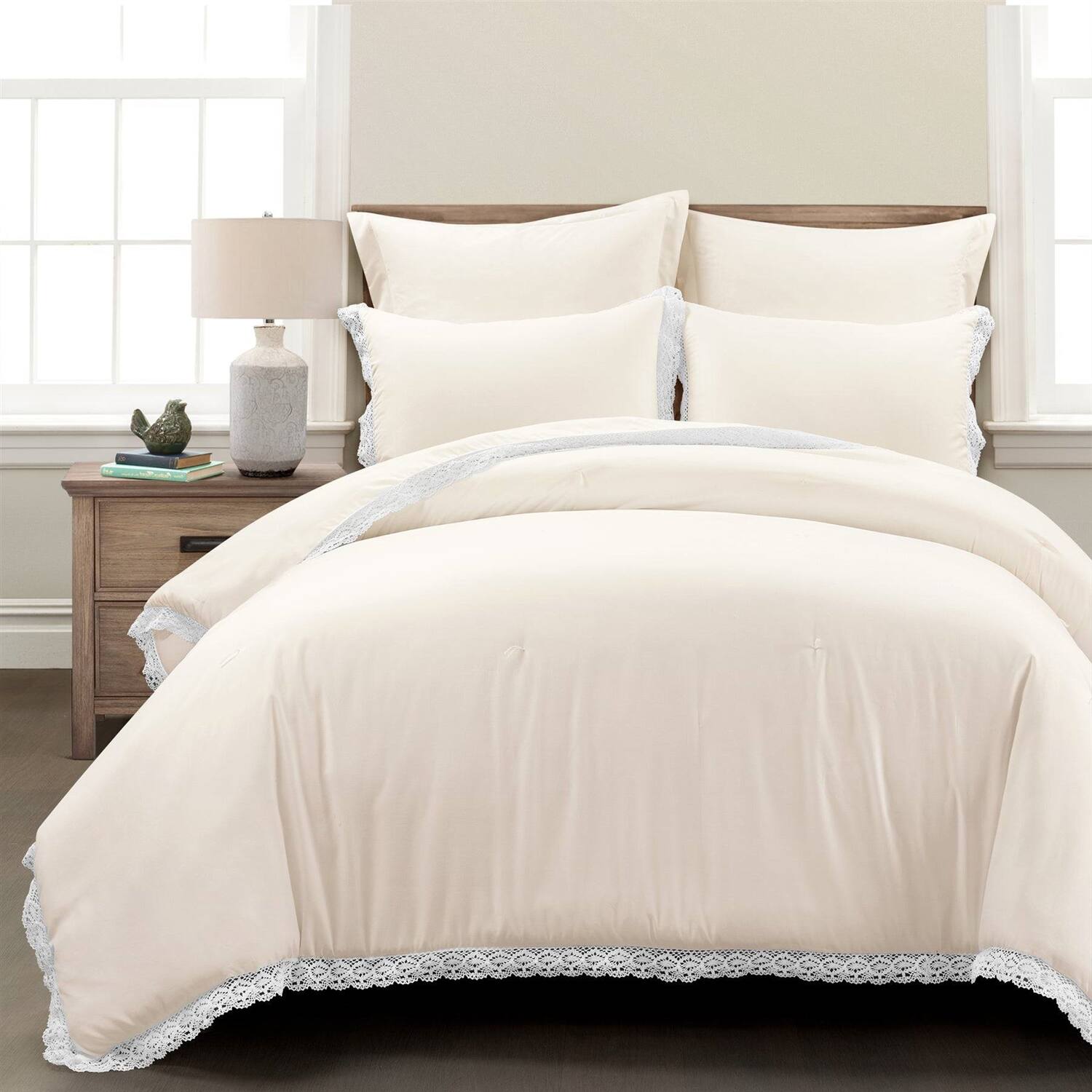 Angle. Hivvago - Full/Queen French Country Ivory 5-Piece Lightweight Comforter Set w/ Lace Trim - Ivory.