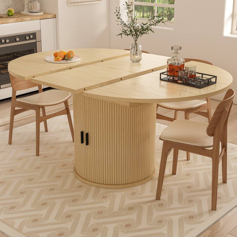 Alt View 7. Dyonery - 63'' Extendable Round Kitchen Dining Room Table with 2-Tier Storage Shelf, with Pedestal Base,Wood Oval Dinner Furniture - Natural wood.