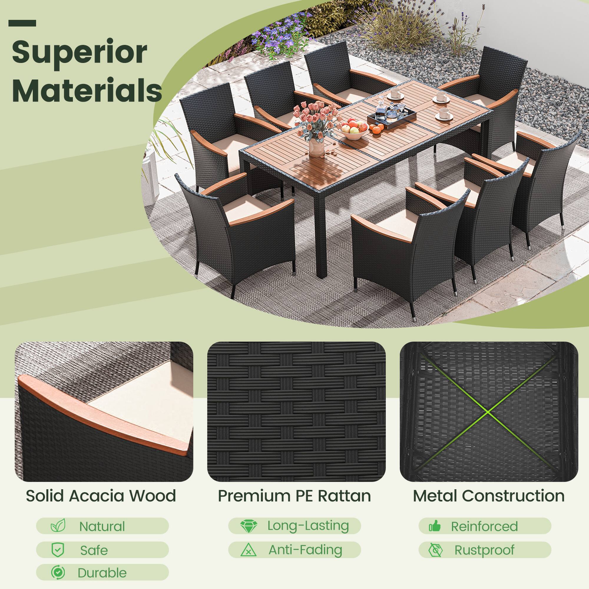 Superior Materials Solid Acacia Wood Premium PE Rattan Metal Construction Natural Safe Durable Long-Lasting Anti-Fading Reinforced Rustproof