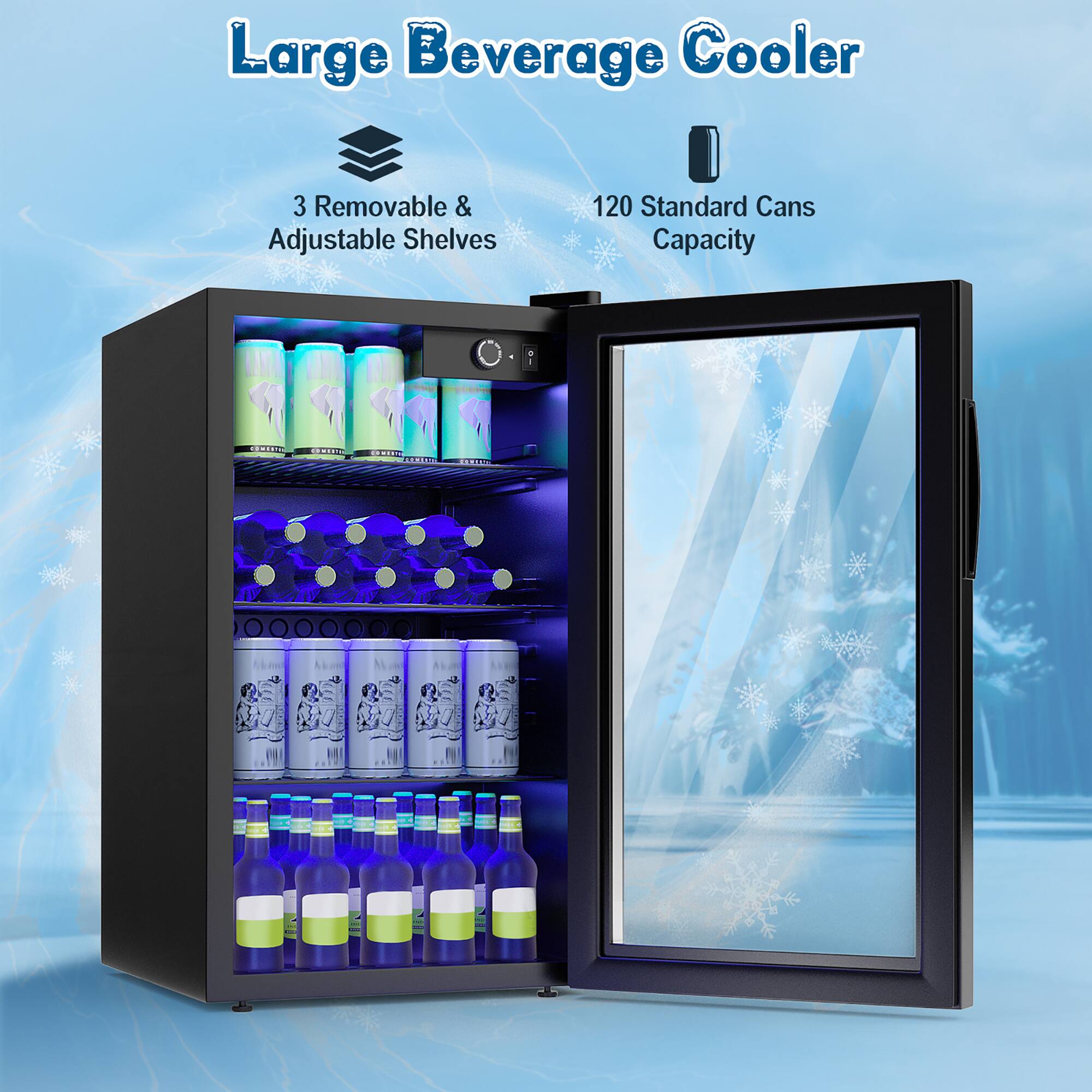 Large Beverage Cooler: 3 Removable & Adjustable Shelves, 120 Standard Cans Capacity