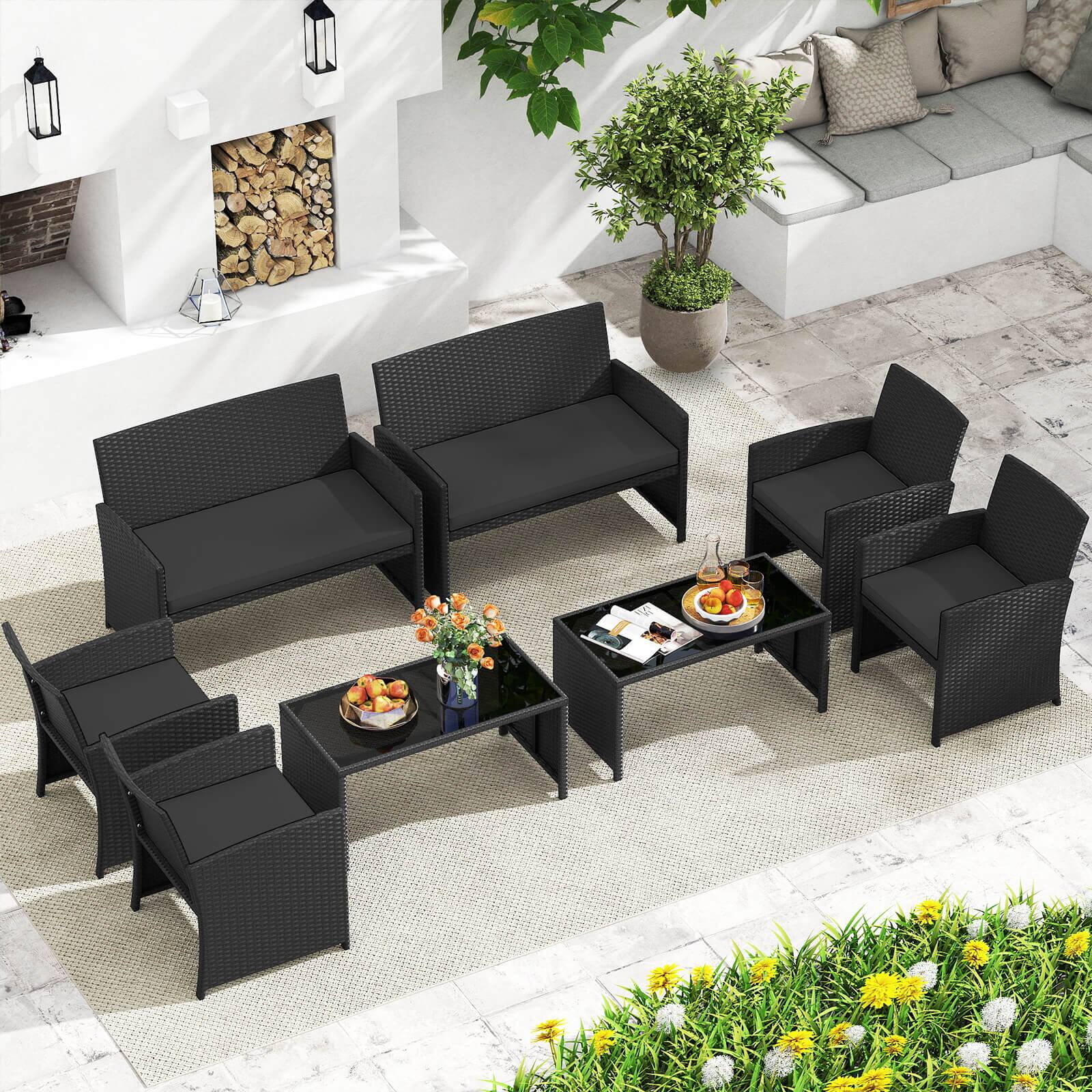 Alt View 1. Costway - Costway 8 PCS Patio Conversation Set with Seat Cushions & Tempered Glass Tabletop, Porch - Black+Black.