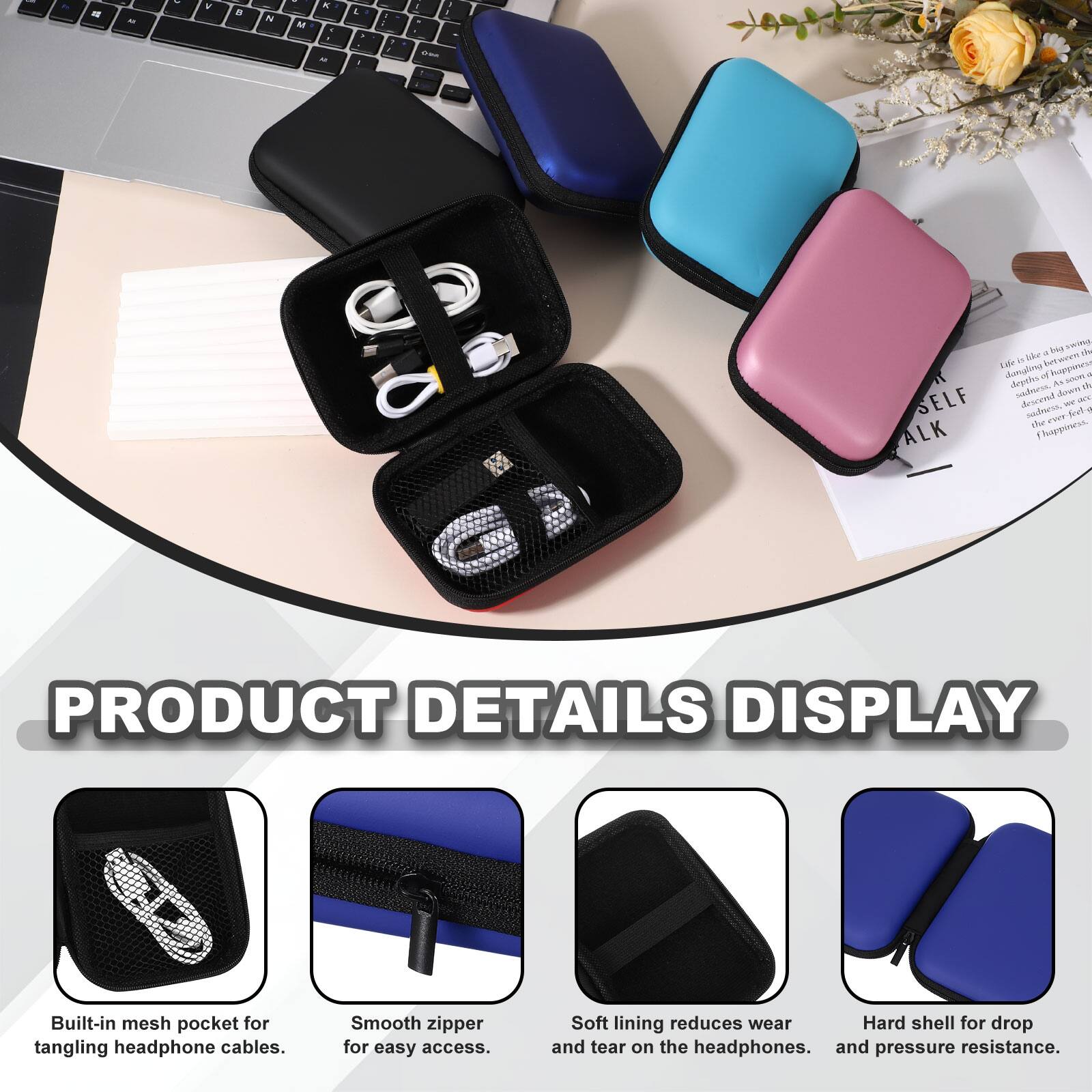 PRODUCT DETAILS DISPLAY

- Built-in mesh pocket for tangling headphone cables.
- Smooth zipper for easy access.
- Soft lining reduces wear and tear on the headphones.
- Hard shell for drop and pressure resistance.
