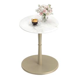 Costway - 1 PCS Round Marble Side Table with Stone Finish & Wooden Base for Living Room Bedroom - White + Gold