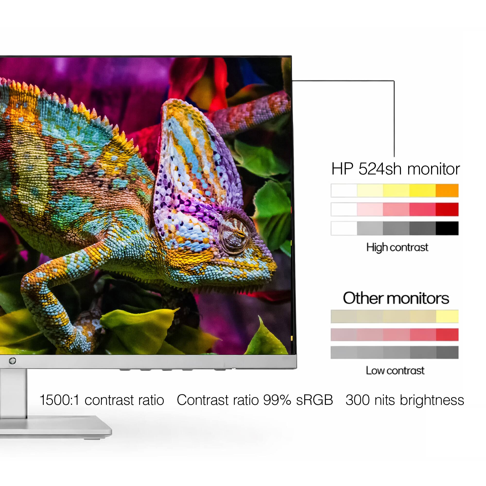HP 524sh monitor  
High contrast  
Other monitors  
Low contrast  

1500:1 contrast ratio  
Contrast ratio 99% sRGB  
300 nits brightness