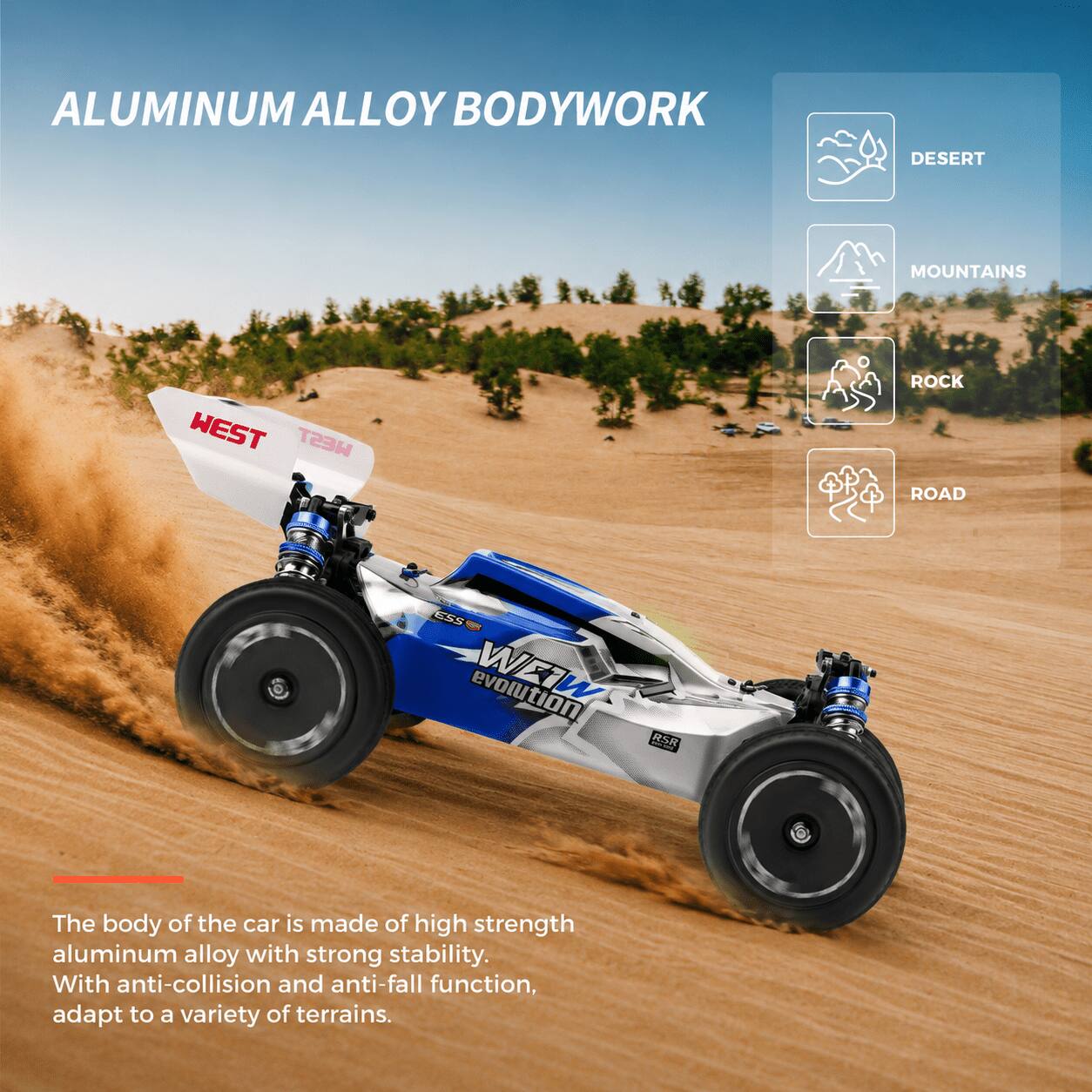 ALUMINUM ALLOY BODYWORK

DESERT
MOUNTAINS
ROCK
ROAD

The body of the car is made of high strength aluminum alloy with strong stability. With anti-collision and anti-fall function, adapt to a variety of terrains.