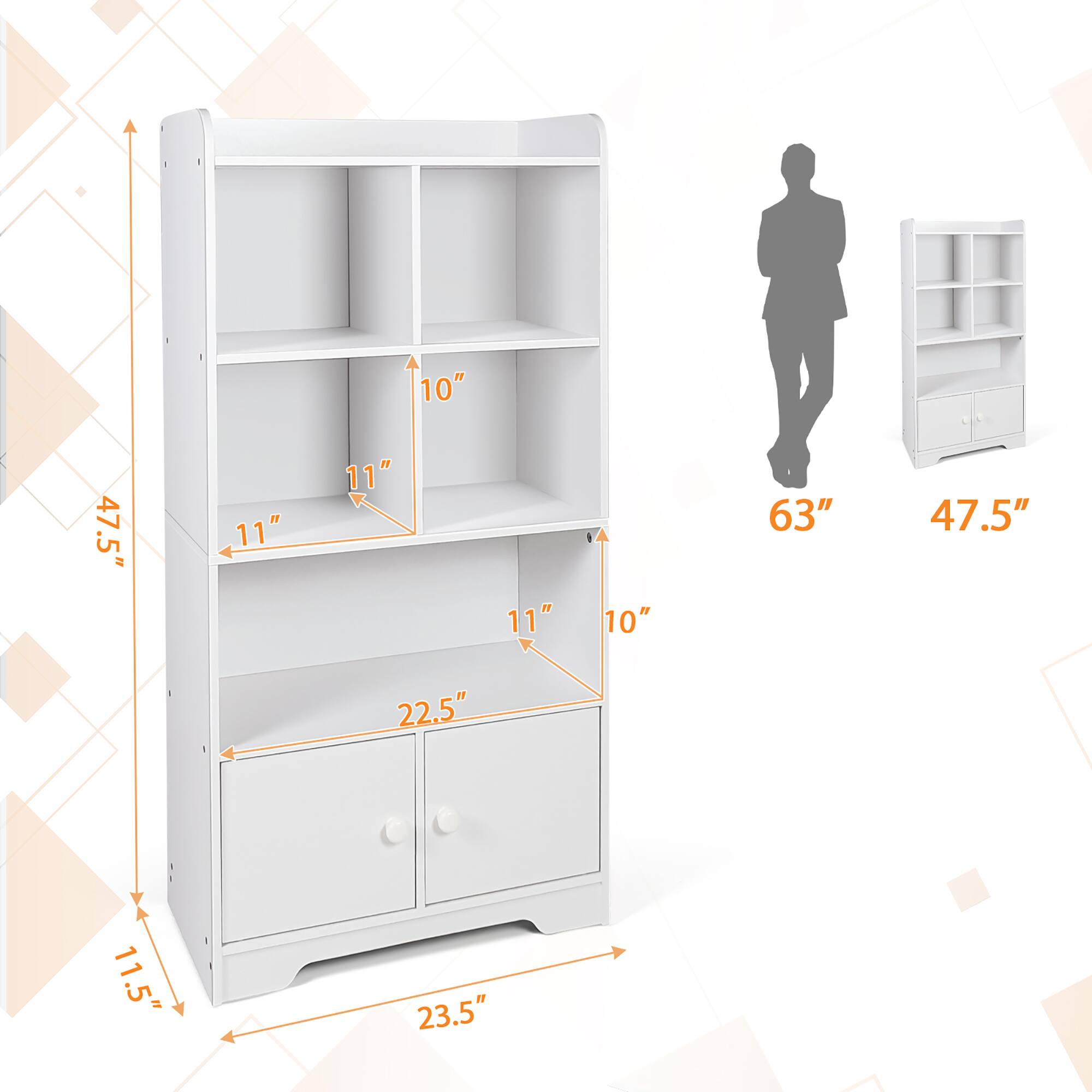 The text on the image reads: 10" 47.5" 11" 11" 11" 10" 63" 47.5" 22.5" 11.5" 23.5". This text is describing the dimensions of a white bookshelf. The bookshelf is 10 inches tall, 47.5 inches wide, and 11 inches deep.