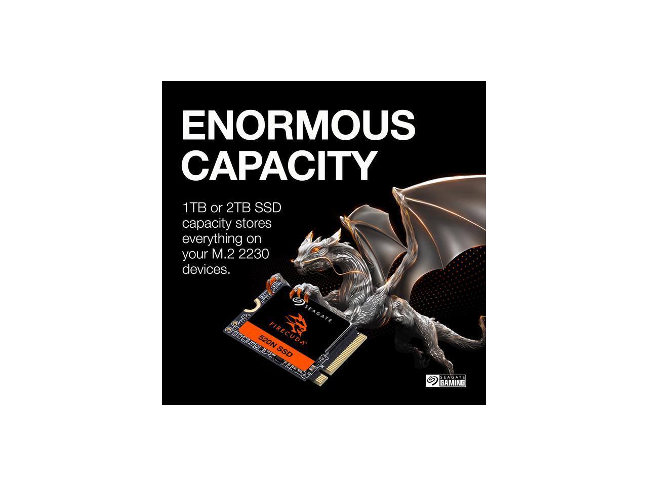 ENORMOUS CAPACITY

1TB or 2TB SSD capacity stores everything on your M.2 2230 devices.

SEAGATE FIRECUDA 520N SSD

SEAGATE GAMING