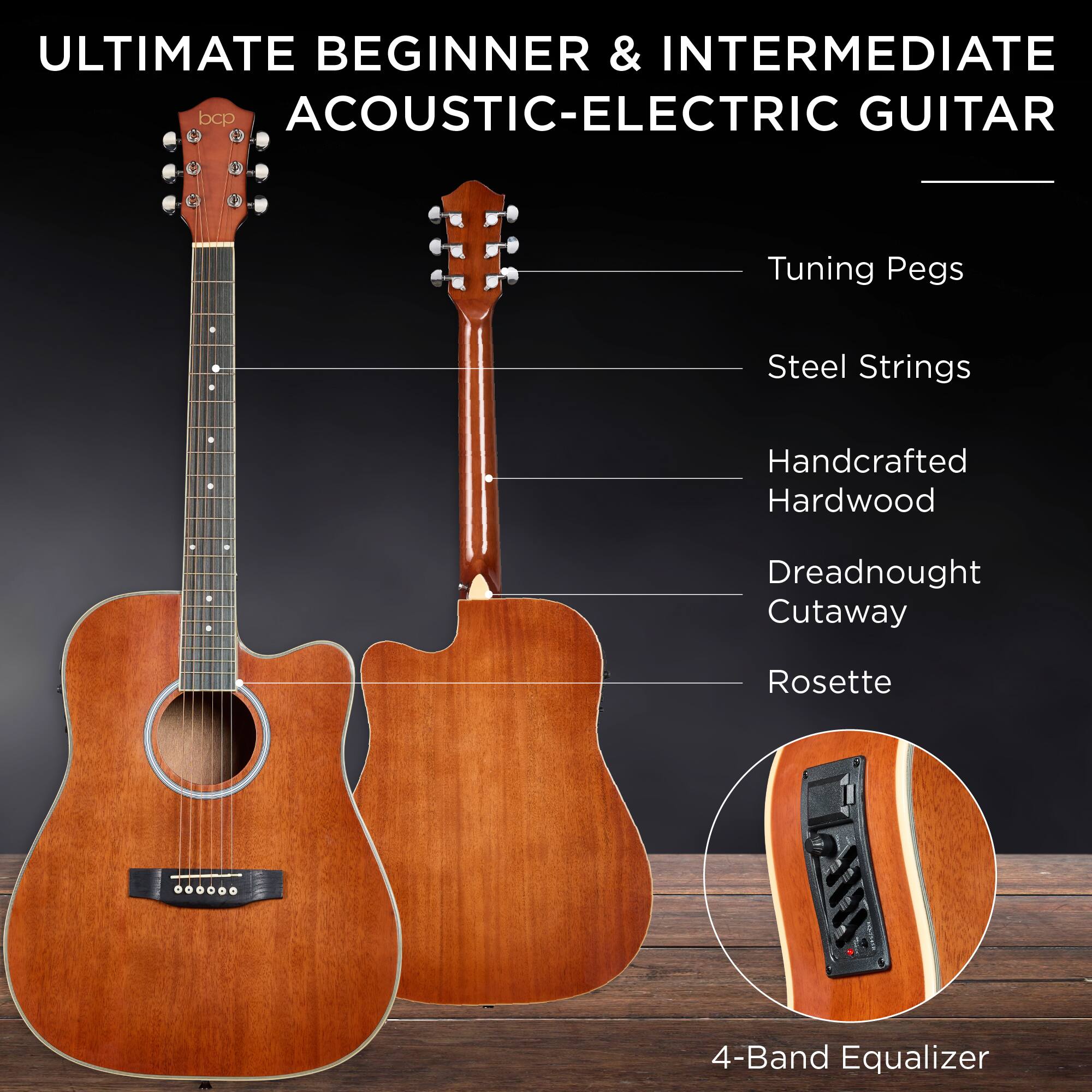 ULTIMATE BEGINNER & INTERMEDIATE ACOUSTIC-ELECTRIC GUITAR

- Tuning Pegs
- Steel Strings
- Handcrafted Hardwood
- Dreadnought Cutaway
- Rosette
- 4-Band Equalizer