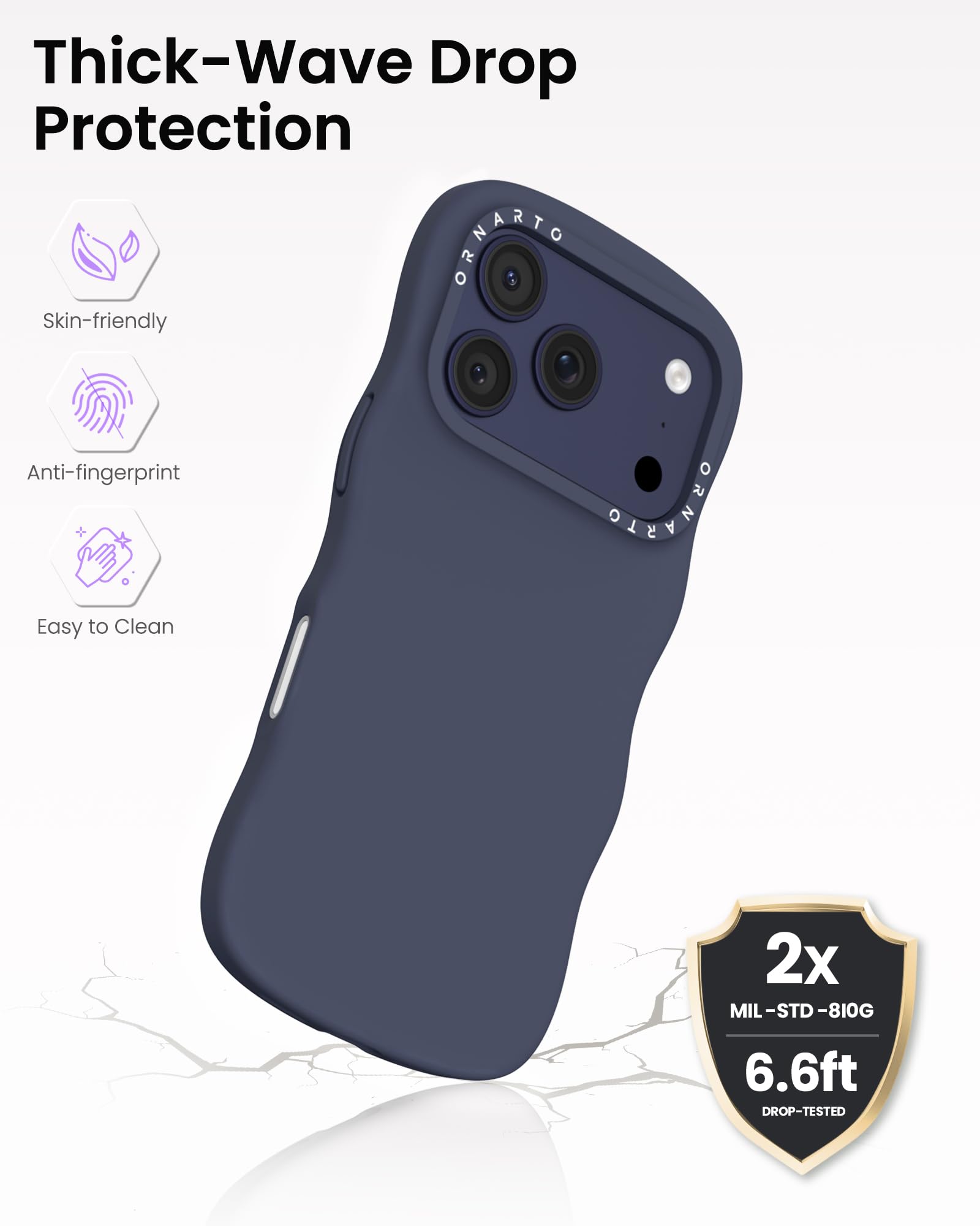 Thick-Wave Drop Protection

- Skin-friendly
- Anti-fingerprint
- Easy to Clean

2x MIL-STD-810G  
6.6ft DROP-TESTED