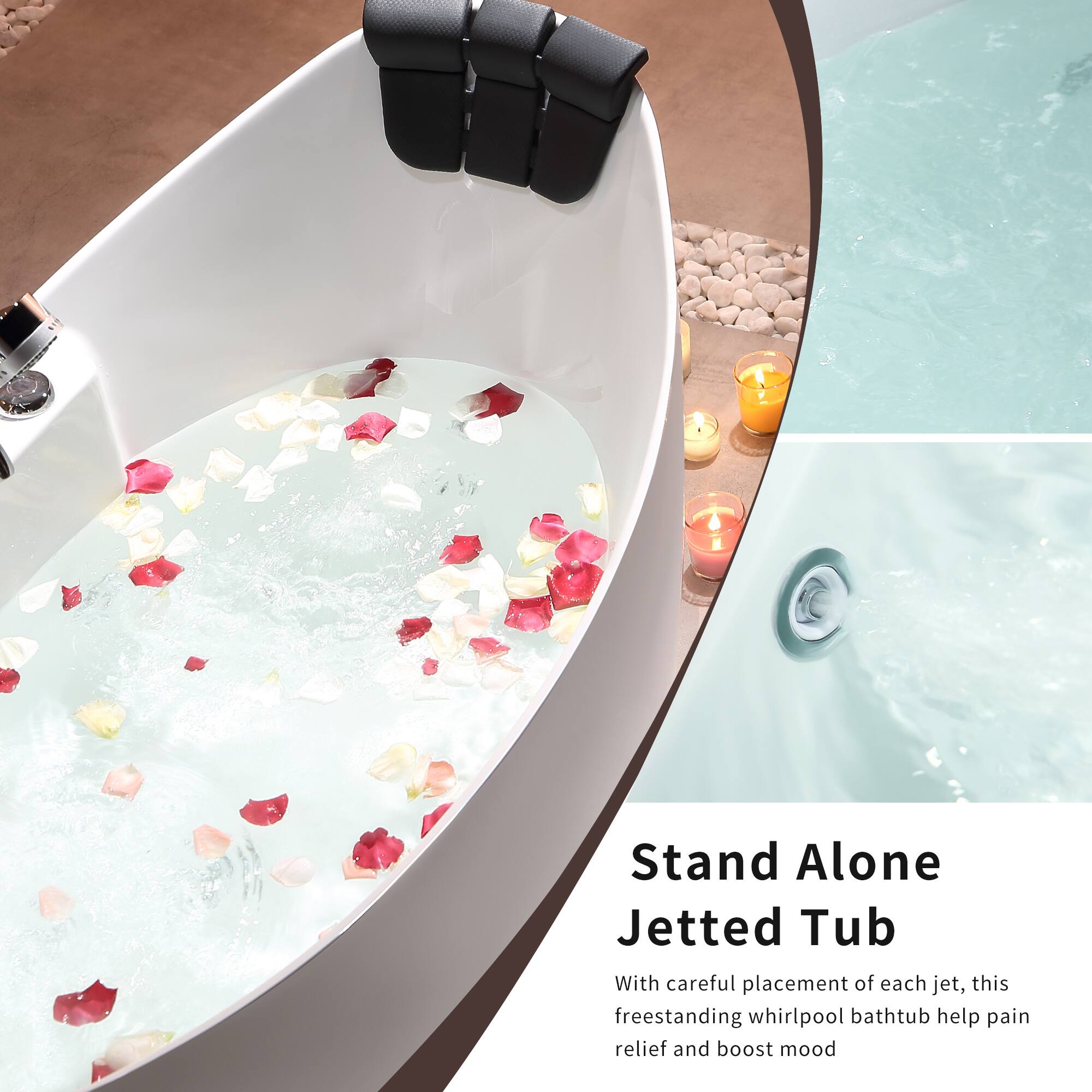 Stand Alone Jetted Tub

With careful placement of each jet, this freestanding whirlpool bathtub helps with pain relief and boosts mood.