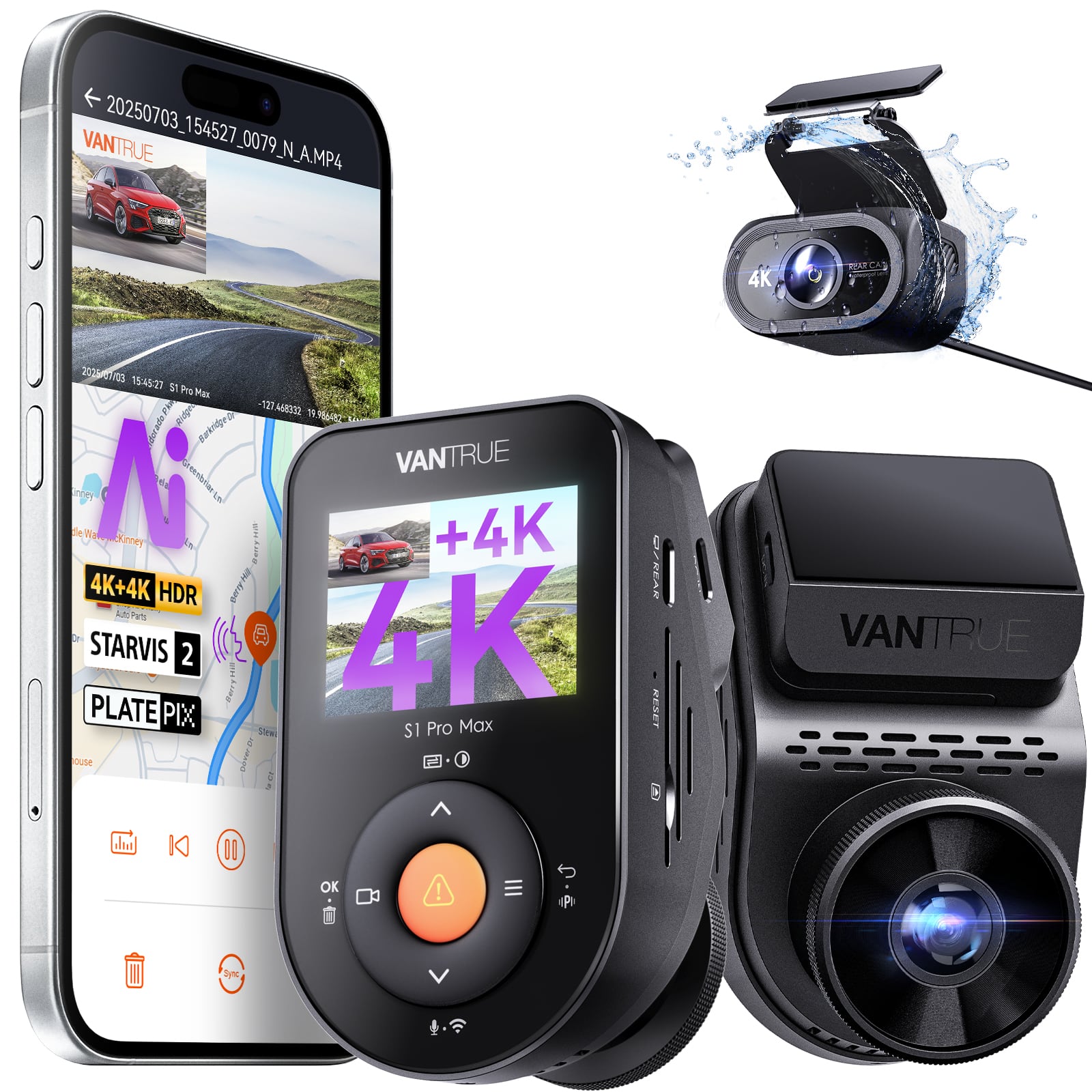 Vantrue - S1 Pro Max 4K + 4K AI Dash Cam Front and Rear, ADAS, Dual STARVIS 2 HDR, PlatePix, Night Vision, Wide Coverage - Black