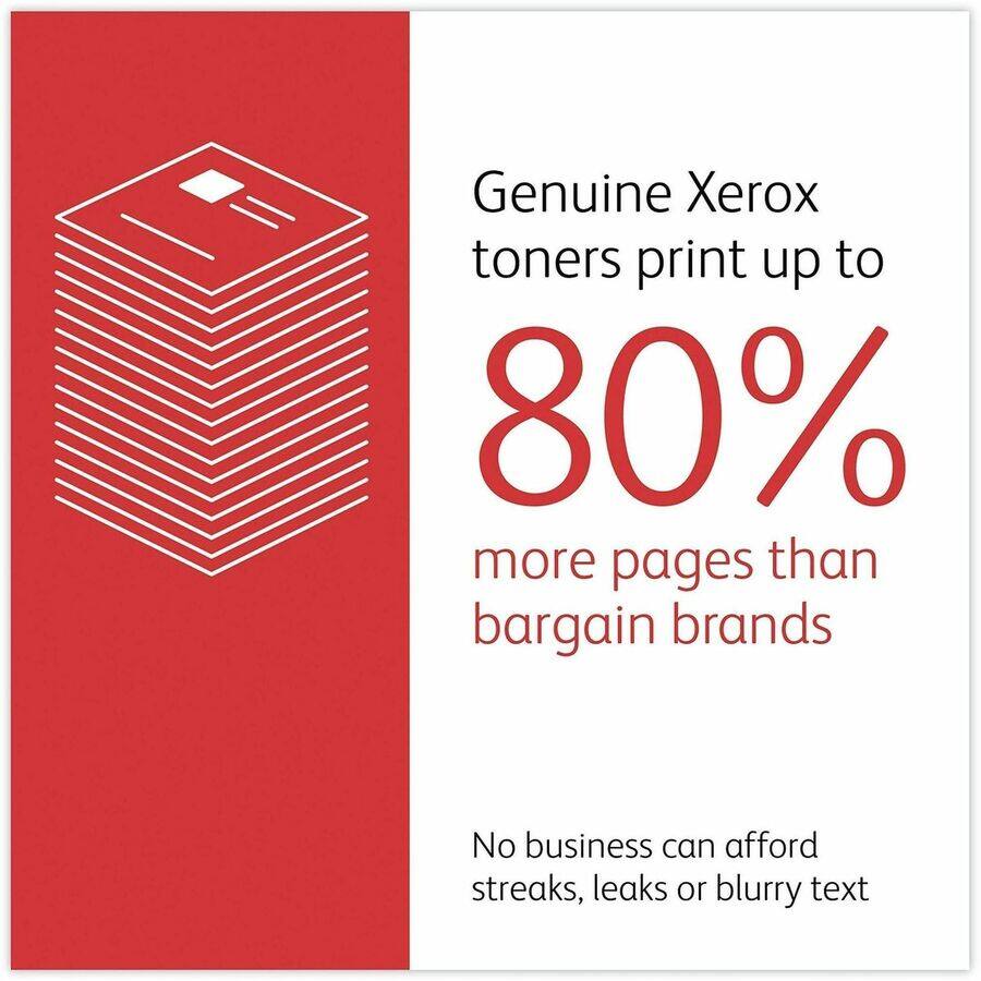 Genuine Xerox toners print up to 80% more pages than bargain brands. No business can afford streaks, leaks or blurry text.