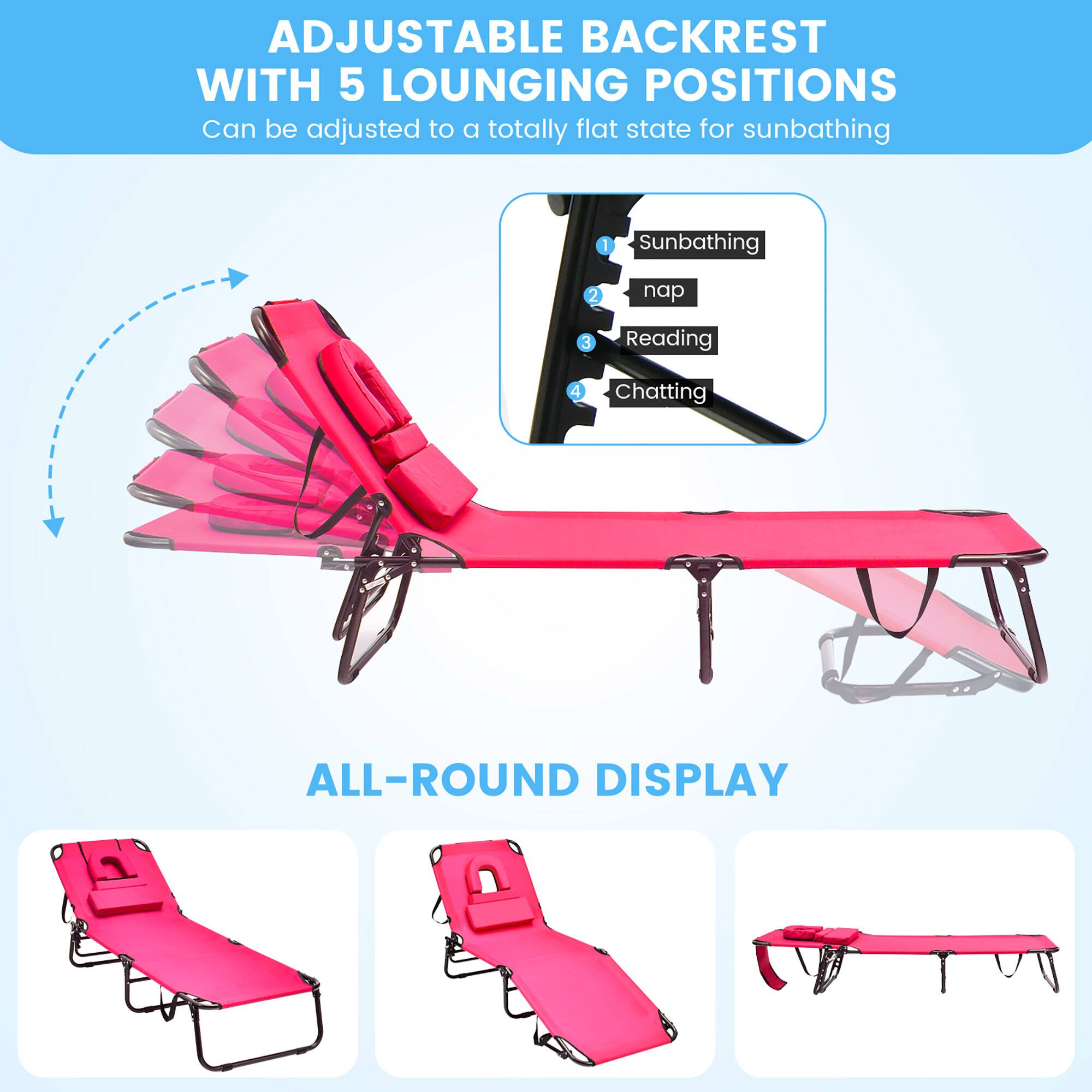 ADJUSTABLE BACKREST WITH 5 LOUNGING POSITIONS Can be adjusted to a totally flat state for sunbathing

Sunbathing
2. Nap
3. Reading
4. Chatting
ALL-ROUND DISPLAY