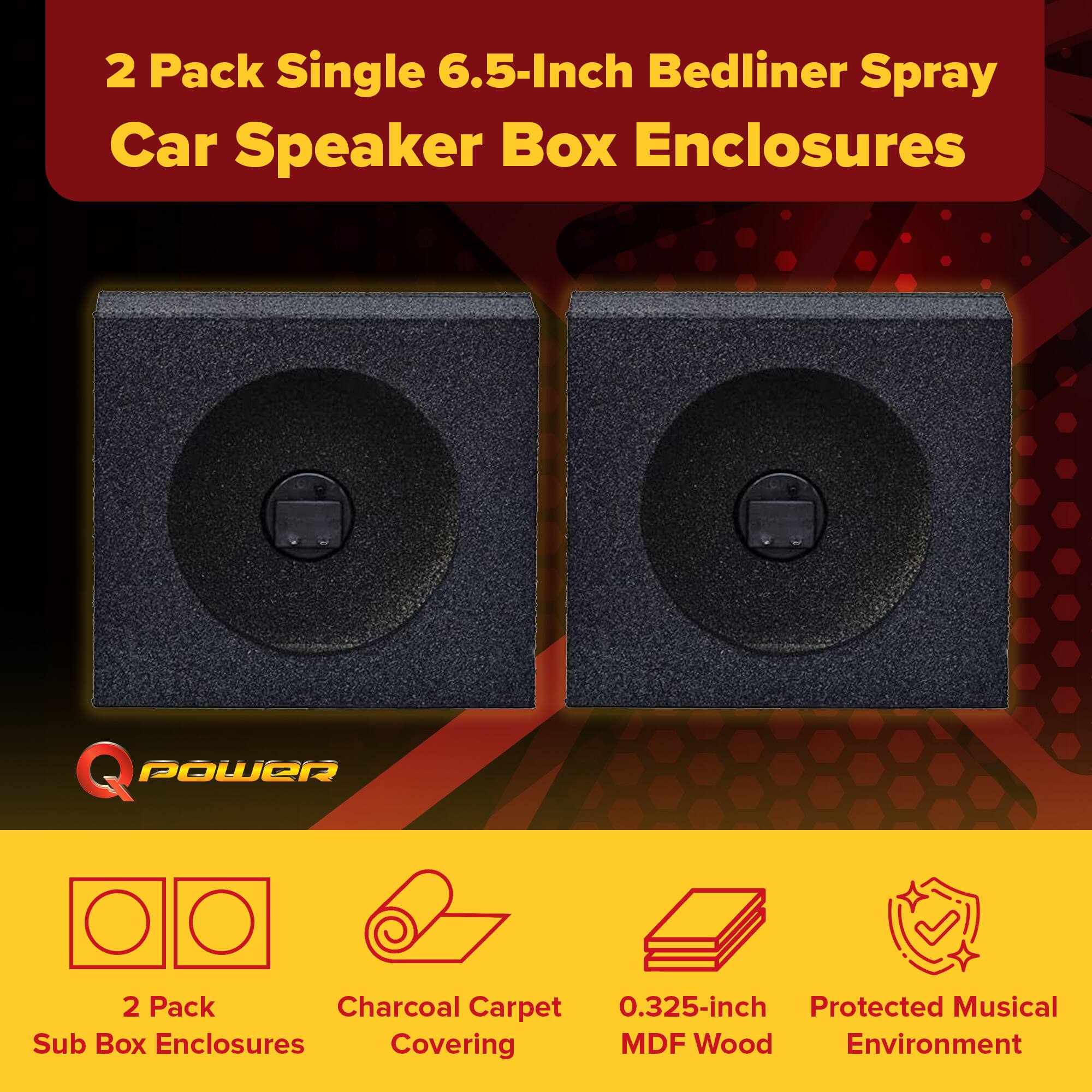 2 Pack Single 6.5-Inch Bedliner Spray Car Speaker Box Enclosures

- 2 Pack
- Charcoal Carpet Covering
- 0.325-inch MDF Wood
- Protected Musical Environment