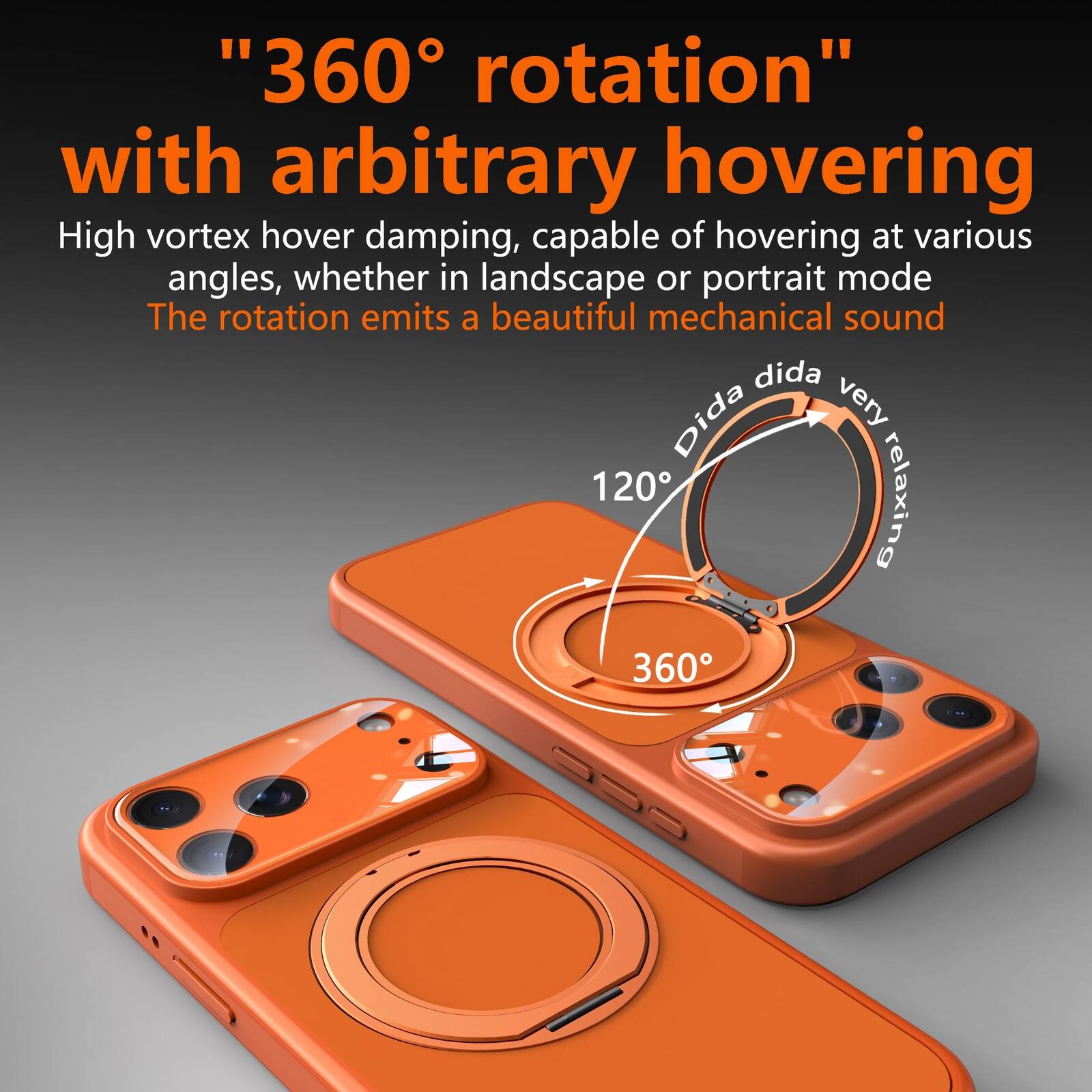 "360° rotation" with arbitrary hovering

High vortex hover damping, capable of hovering at various angles, whether in landscape or portrait mode. The rotation emits a beautiful mechanical sound dida dida very relaxing 360° 120°