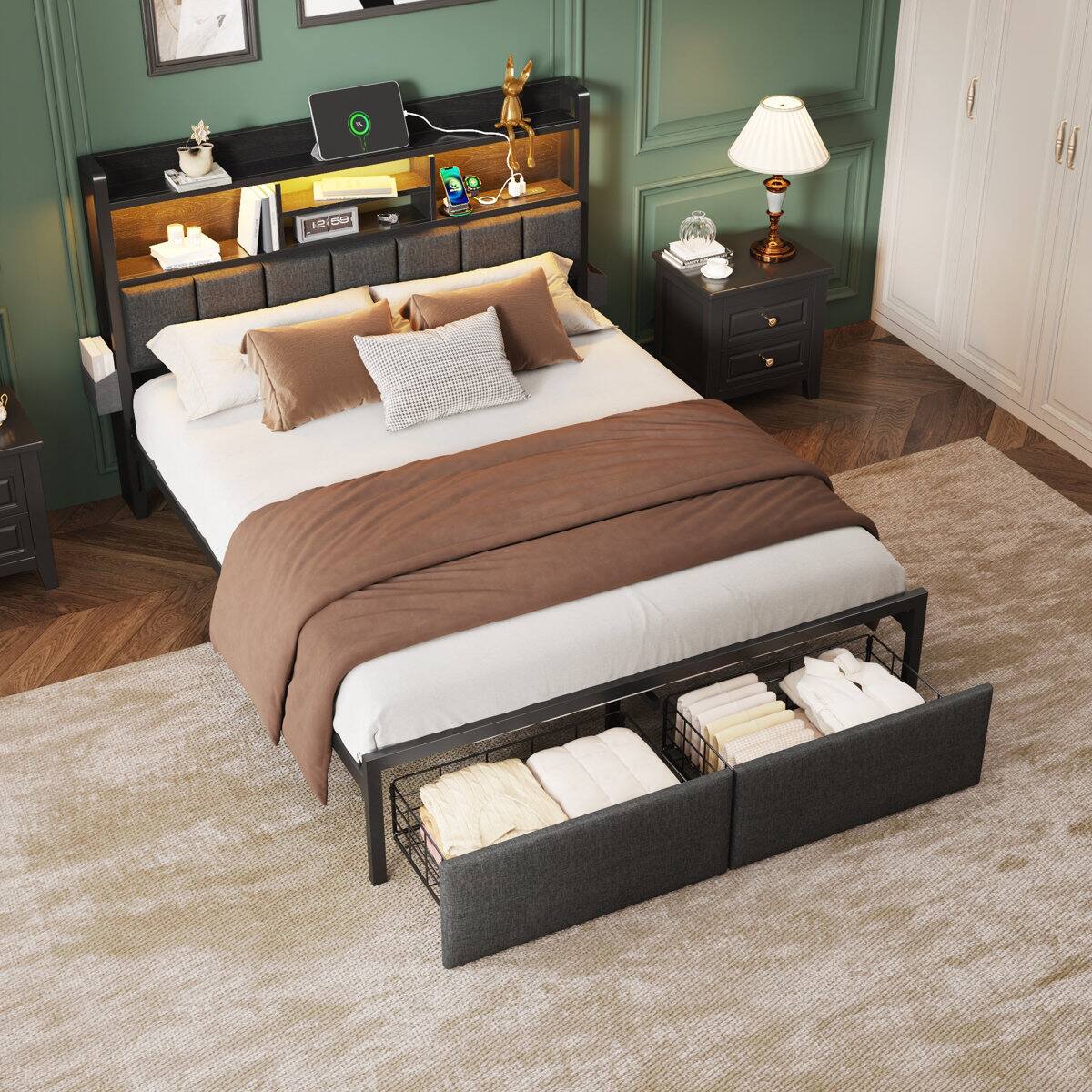 Alt View 2. Furnulem - Upholstered Bed Frame with 2 Storage Drawers Modern Platform Bed with Charging Station & LED Light - Black.