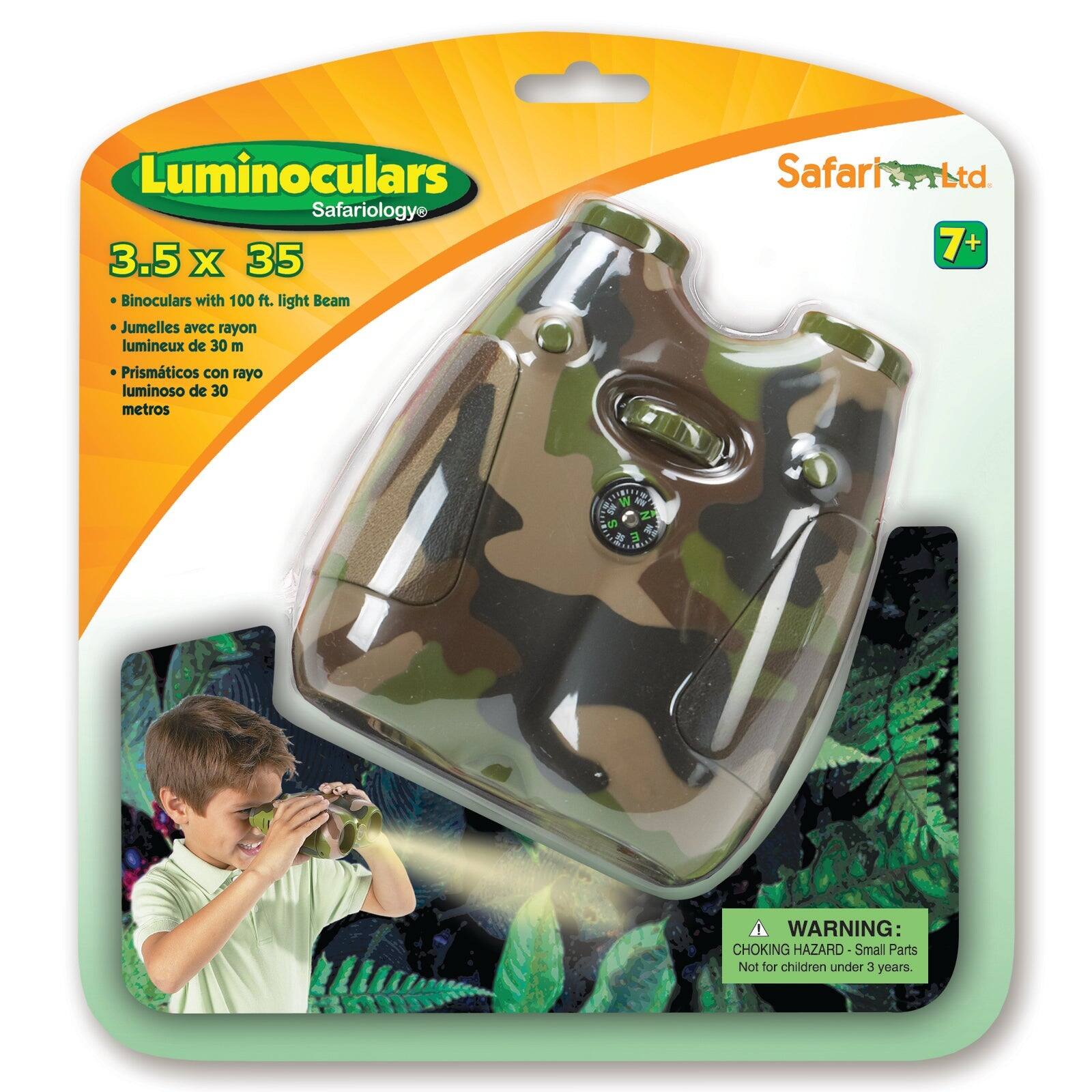 Luminoculars Safariology 3.5 x 35 Binoculars with 100 ft. light Beam  
Jumelles avec rayon lumineux de 30 m  
Prismáticos con rayo luminoso de 30 metros  
Safari Ltd.  
7+  
WARNING: CHOKING HAZARD - Small Parts Not for children under 3 years.