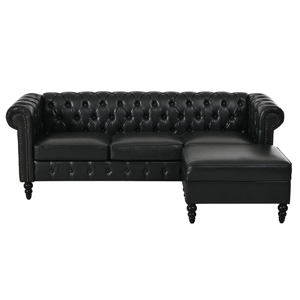 Alt View 1. Loheer - Loheer 85 Inch L-Shaped Sectional Sofa 4-Seater PU Leather Couch with Storage Ottoman - Black.